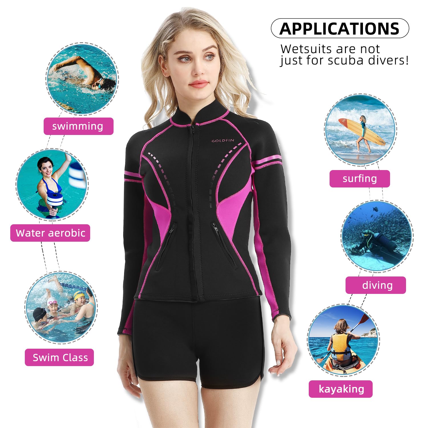Goldfin Womens Wetsuit Top, 2Mm Neoprene Wetsuit Jacket Ladies Long Sleeve For Water Aerobics Diving Surfing Kayaking, Large