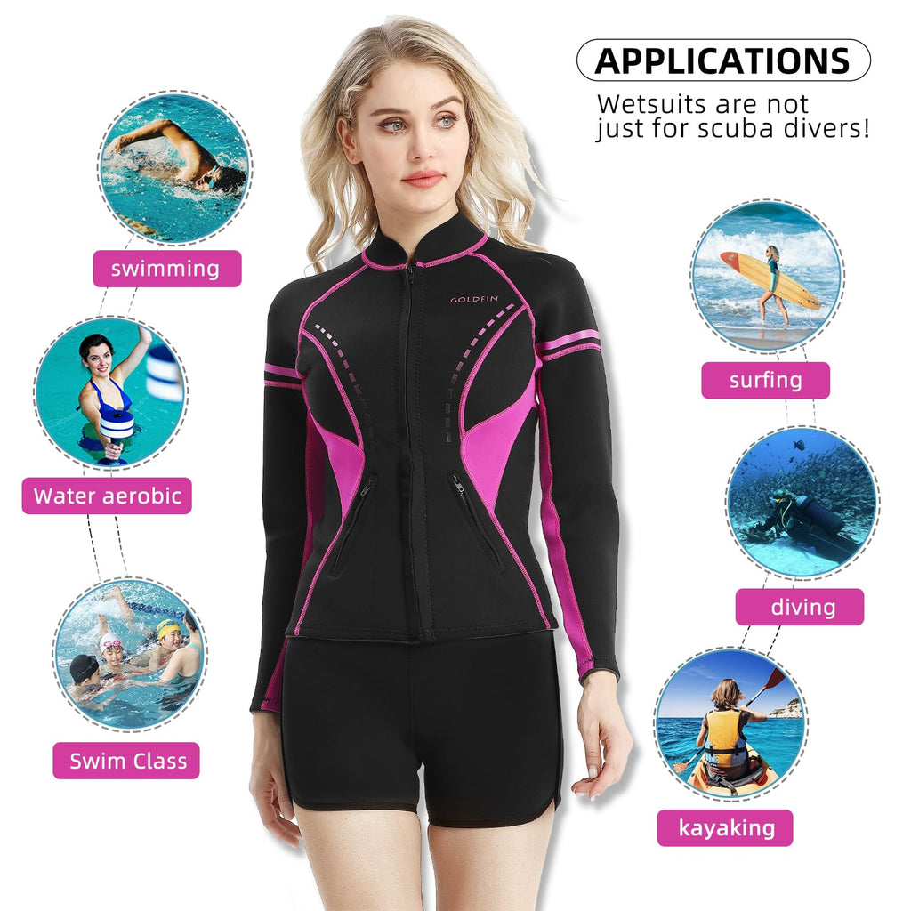 Goldfin Womens Wetsuit Top, 2Mm Neoprene Wetsuit Jacket Ladies Long Sleeve For Water Aerobics Diving Surfing Kayaking, X-Large