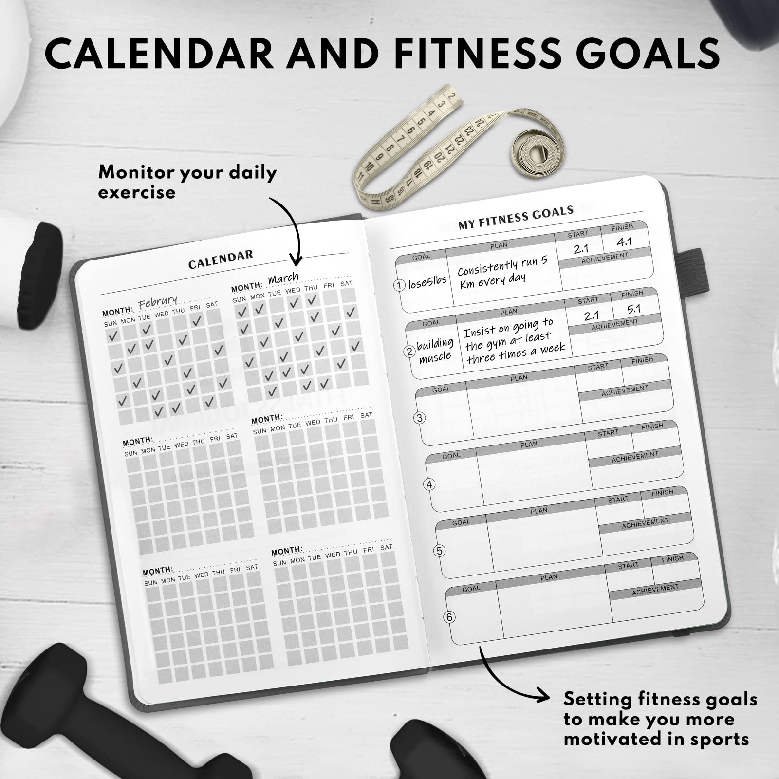 Epewizd Fitness Journal Hardcover Workout Planner 6- Month Undated Workout Log Book Home Gym Accessories For Women And Man-Gray