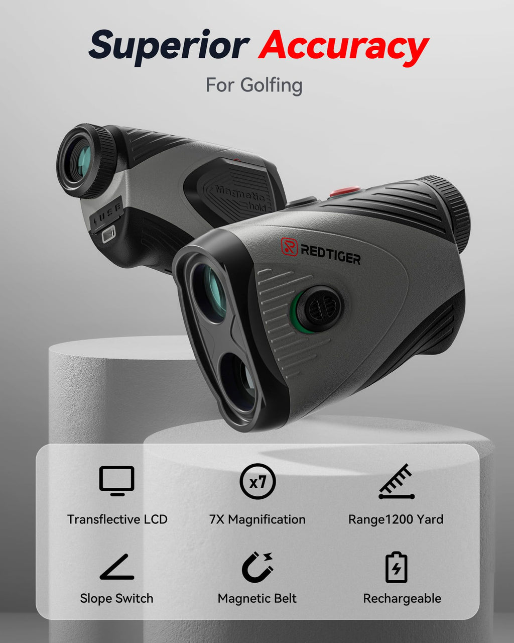 Redtiger Golf/Hunting Rangefinder, 7X Magnification 1200 Yards Laser Range Finder With Slope, Built-In Magnetic Bracket, Flag Po