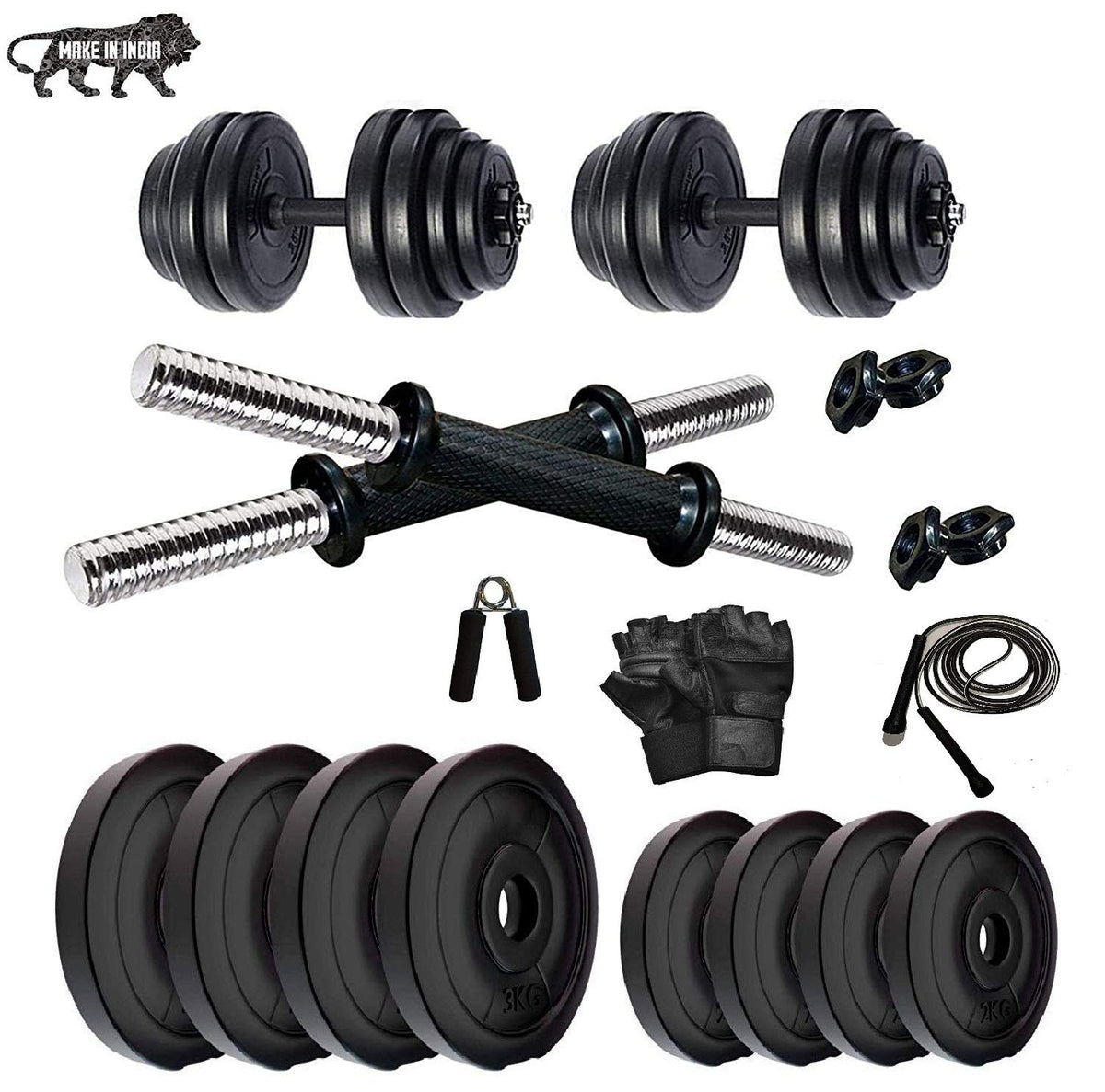 Beacon International Pvc Dumbbell Set 22 Kg With Dumbbell Rods, Gym Gloves, Skipping Rope, Hand Gripper