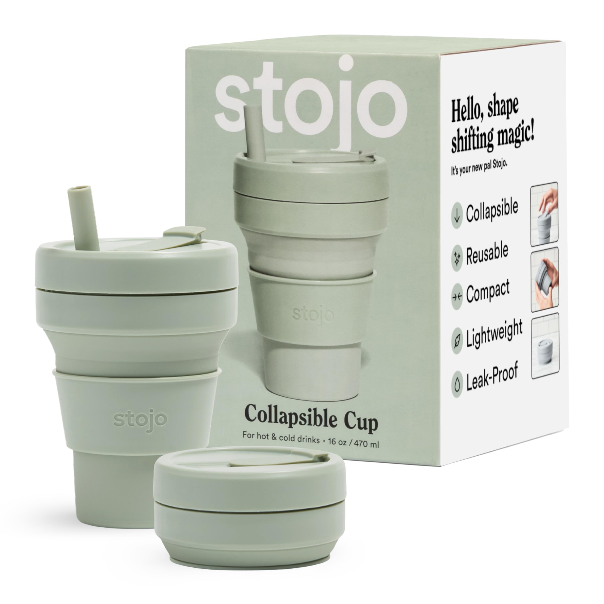 Stojo Collapsible Travel Cup With Straw - Sage Green, 16Oz / 470Ml - Reusable To-Go Pocket Size Silicone Bottle For Hot And Cold