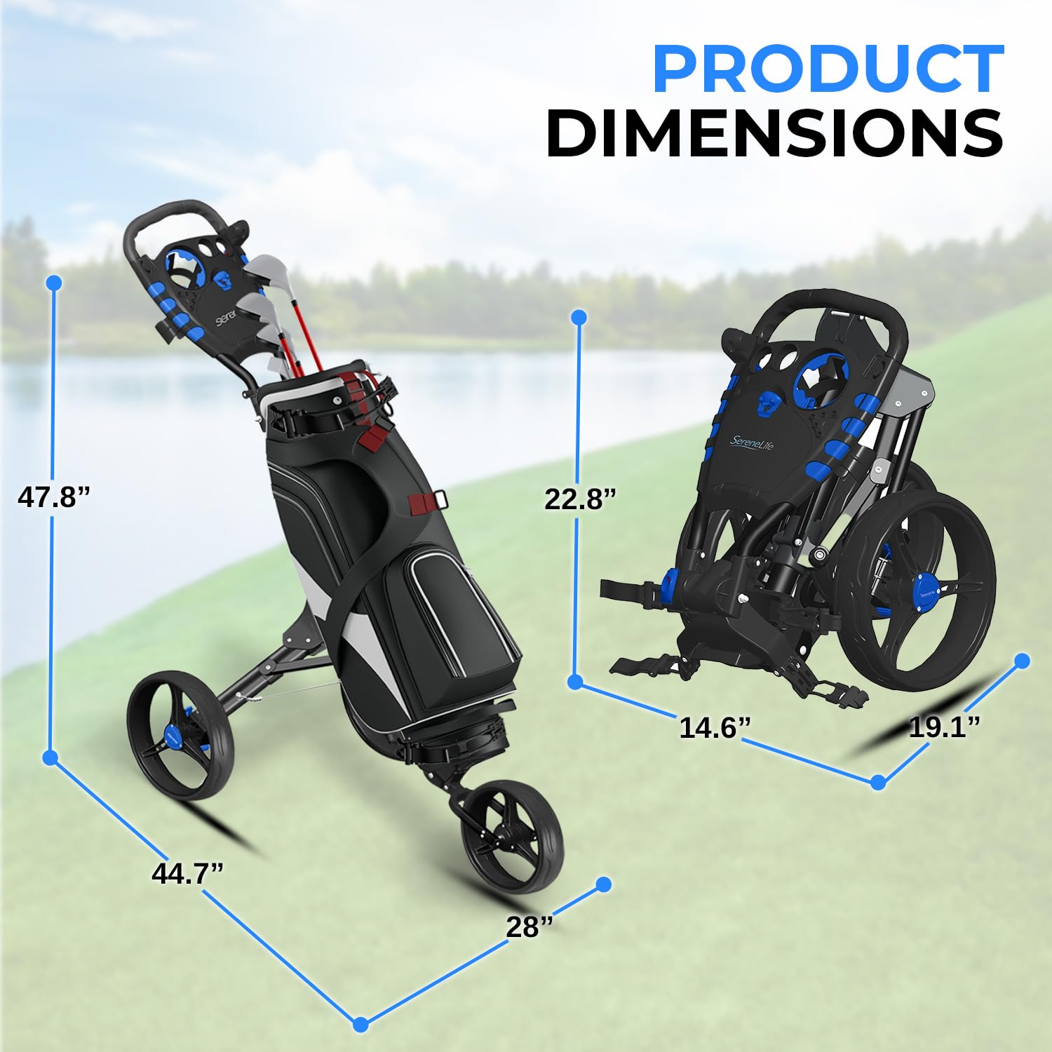 SereneLife Golf Push Cart 3 Wheel, Ultra Lightweight Aluminum Foldable Cart with Adjustable Handle, Quick-Fold, New-Version Scor