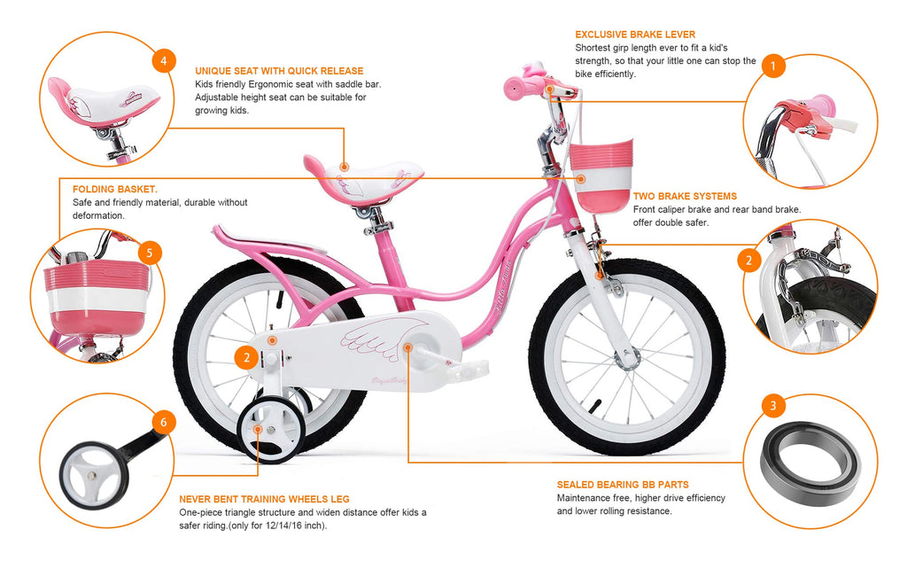 Royalbaby Little Swan 14'' Carbon Steel Kids Bike W/Dual Hand Brakes, Adjustable Seat, Folding Basket, & Training Wheels, For Gi