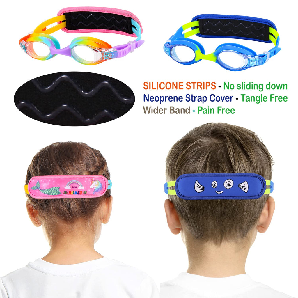 Ruigao 2Pk Kids Swim 3-5, Toddler Goggles Fabric Strap, No Hair Pull Swimming Goggles For Toddler/Kids/Youth (2Pk - Rainbow & Bl
