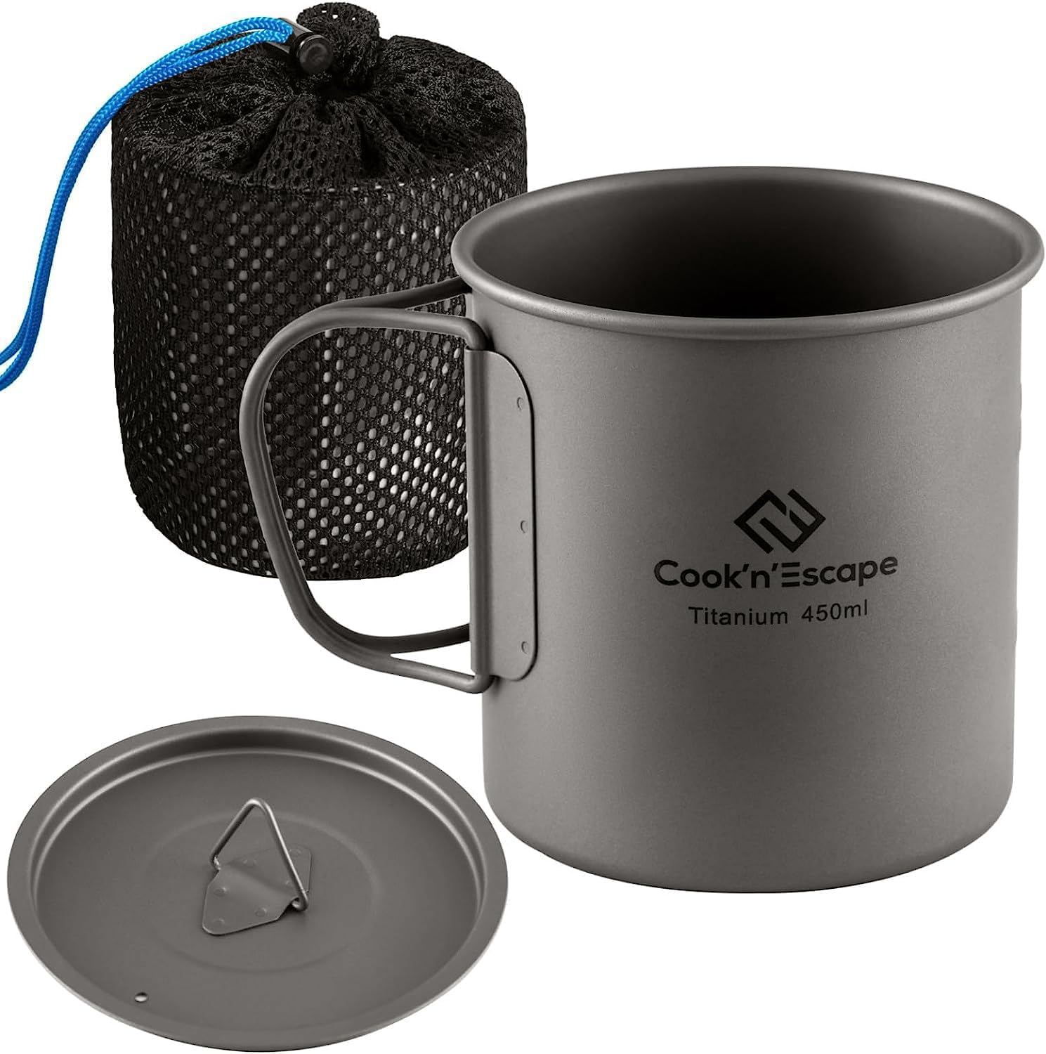COOK'N'ESCAPE 450ml Camping Mug, Small Titanium Cup with Lightweight Backpacking Coffee Mug Foldable Handle for Outdoor Hiking P