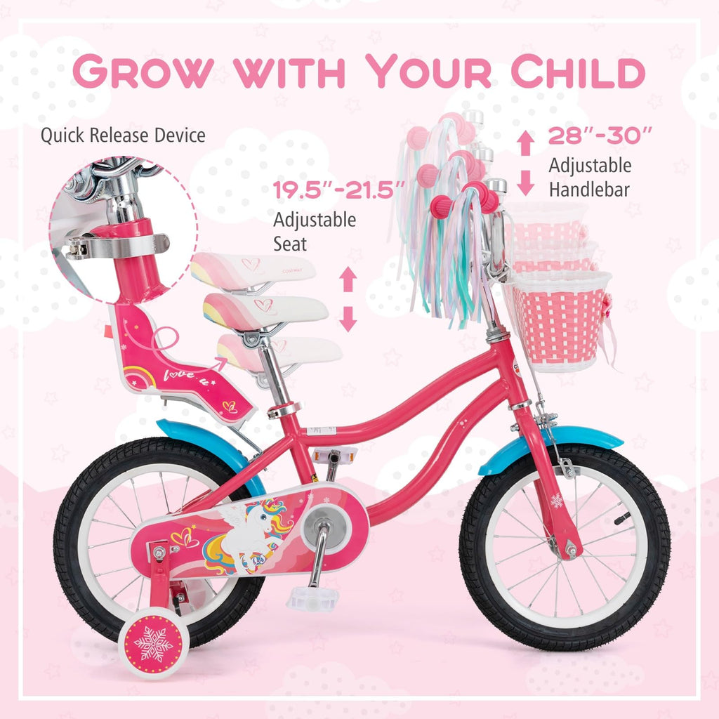 Baby Joy Kids Bike, 14 Inch Children Bicycle W/Basket, Doll Seat, Colorful Streamers, Training Wheels, Adjustable Seat & Handleb