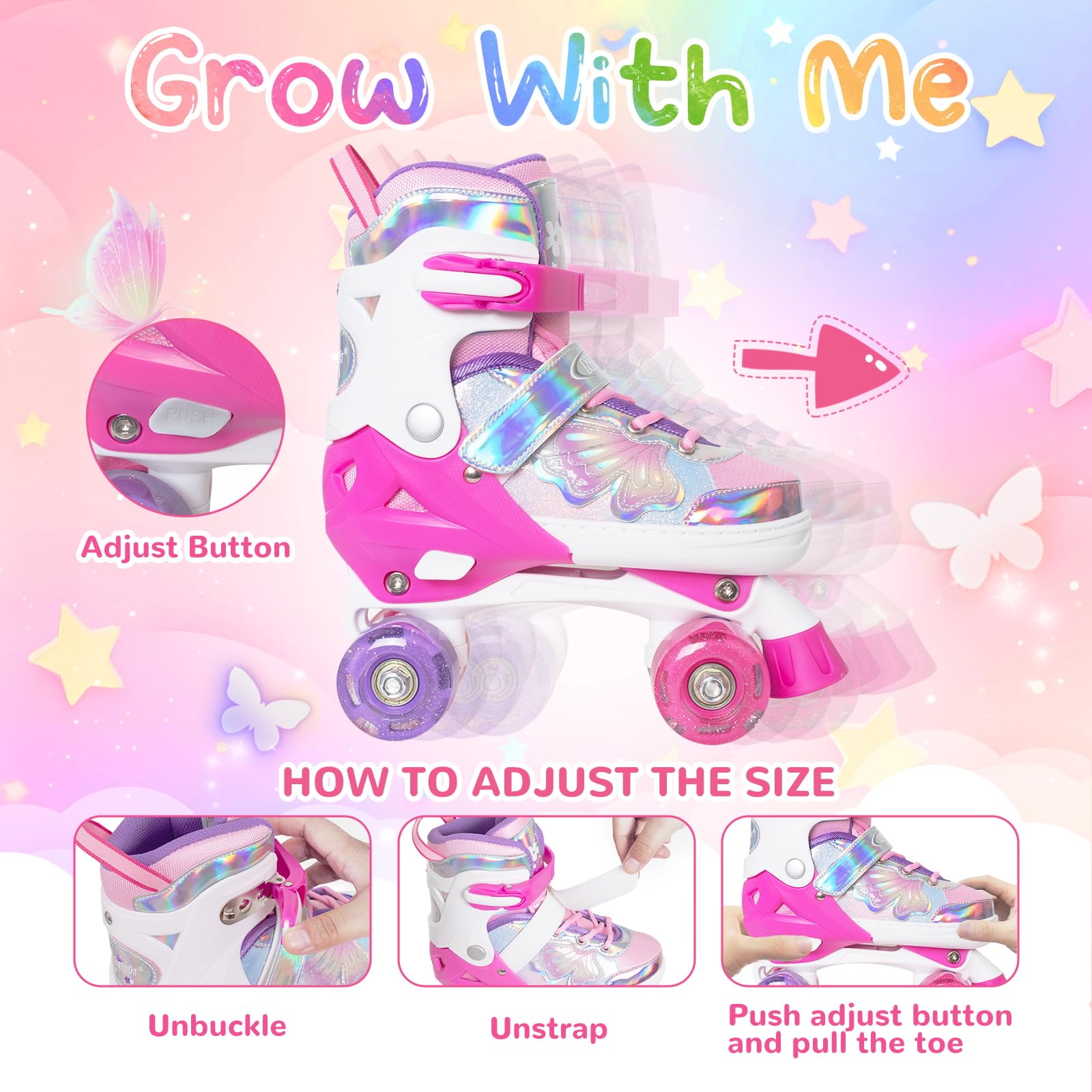 Kids Roller Skates For Girls Boys - Rose Red For Little Kids Age 4 5 6 7- Adjustable All Light Up Wheels Indoor Outdoor Sports B