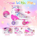 Kids Roller Skates For Girls Boys - Rose Red For Teenagers Youth Age 10 11 12 - Adjustable All Light Up Wheels Butterfly And Flo