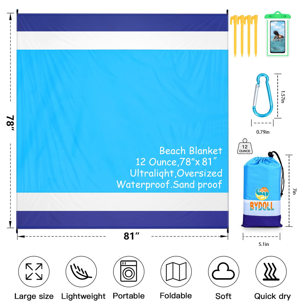 Bydoll Beach Blanket Waterproof Sandproof Oversized 78''81''1-5 Adults Lightweight Beach Blanket Large Picnic Mat Beach Blanket