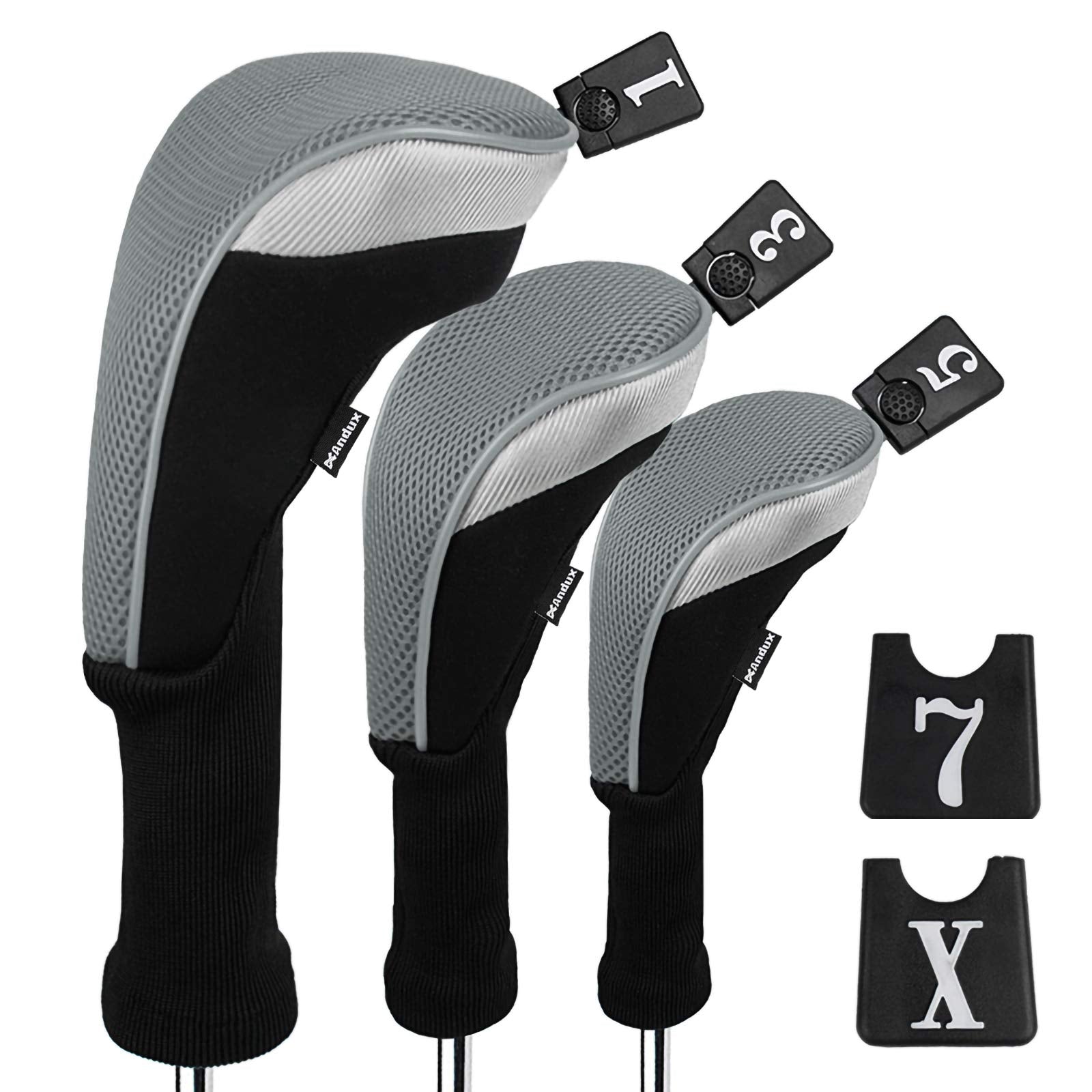 Andux 3Pcs/Set Golf 460Cc Driver Wood Club Head Covers Long Neck With Interchangeable No. Tags Grey