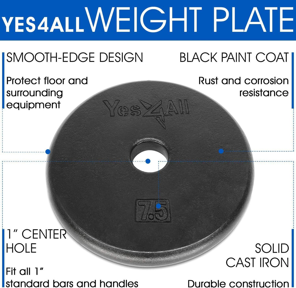 Yes4All Standard 1-Inch Cast Iron Weight Plates - 7.5Lbs X 4Pcs