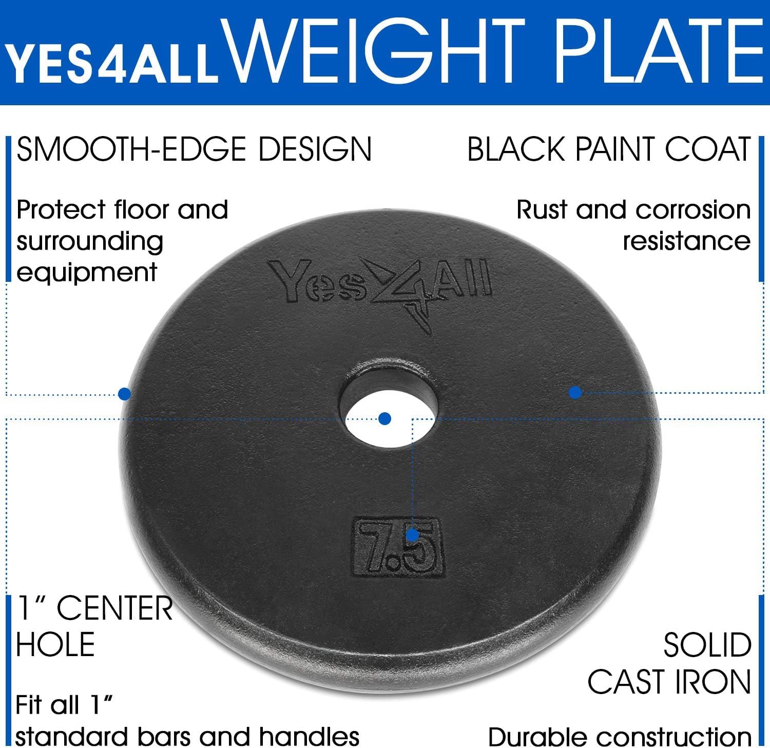 Yes4All Standard 1-Inch Cast Iron Weight Plates - 7.5Lbs X 4Pcs