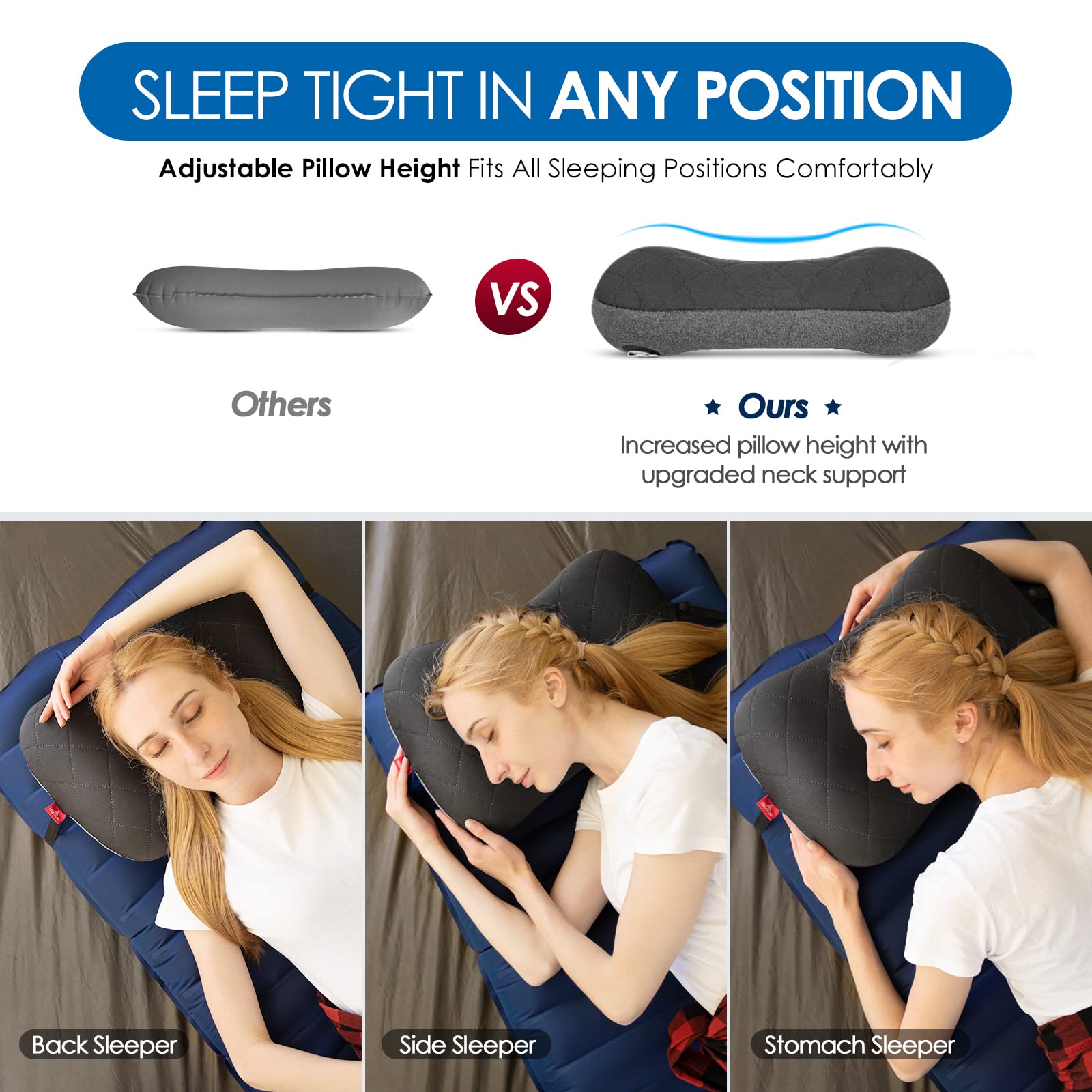 Hikenture Ultralight Inflatable Pillow With Removable Cover For Neck Lumber Support - Upgrade Washable Travel Air Pillows For Ca