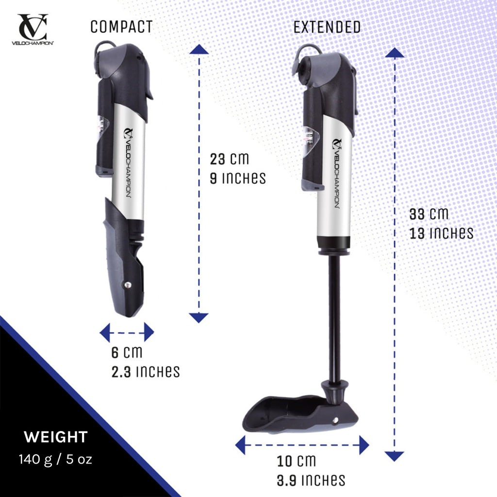 Velochampion Alloy 9 Mini Bicycle Pump With Gauge 120 Psi - Portable Bike Pump Includes Mount Kit, 6 Glueless Patches And Inflat
