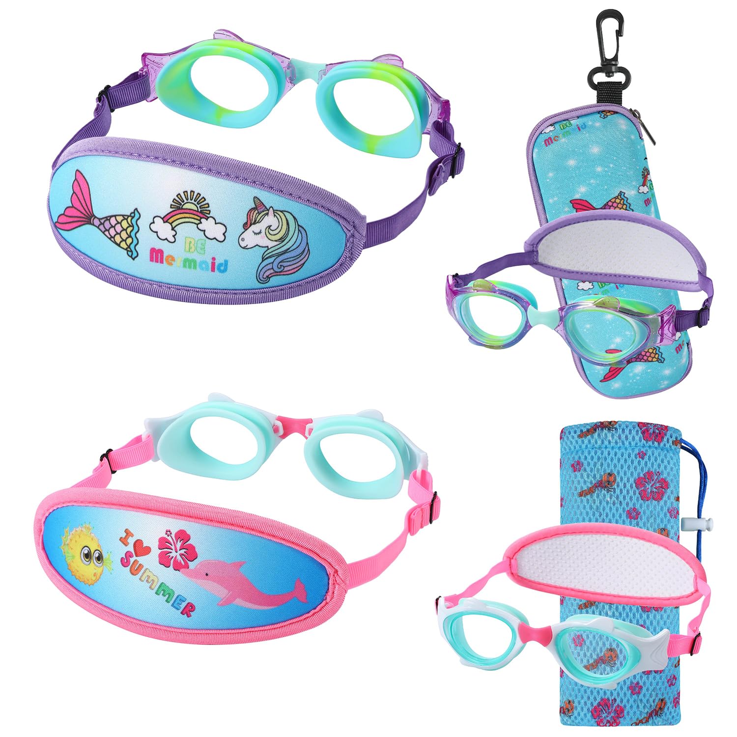 Ruigao Kids Swim Goggles Age 2-6, Toddler Goggles No Hair Pull,Child Goggles Padded Headband (2Pk - Blue Mermaid & Summer)