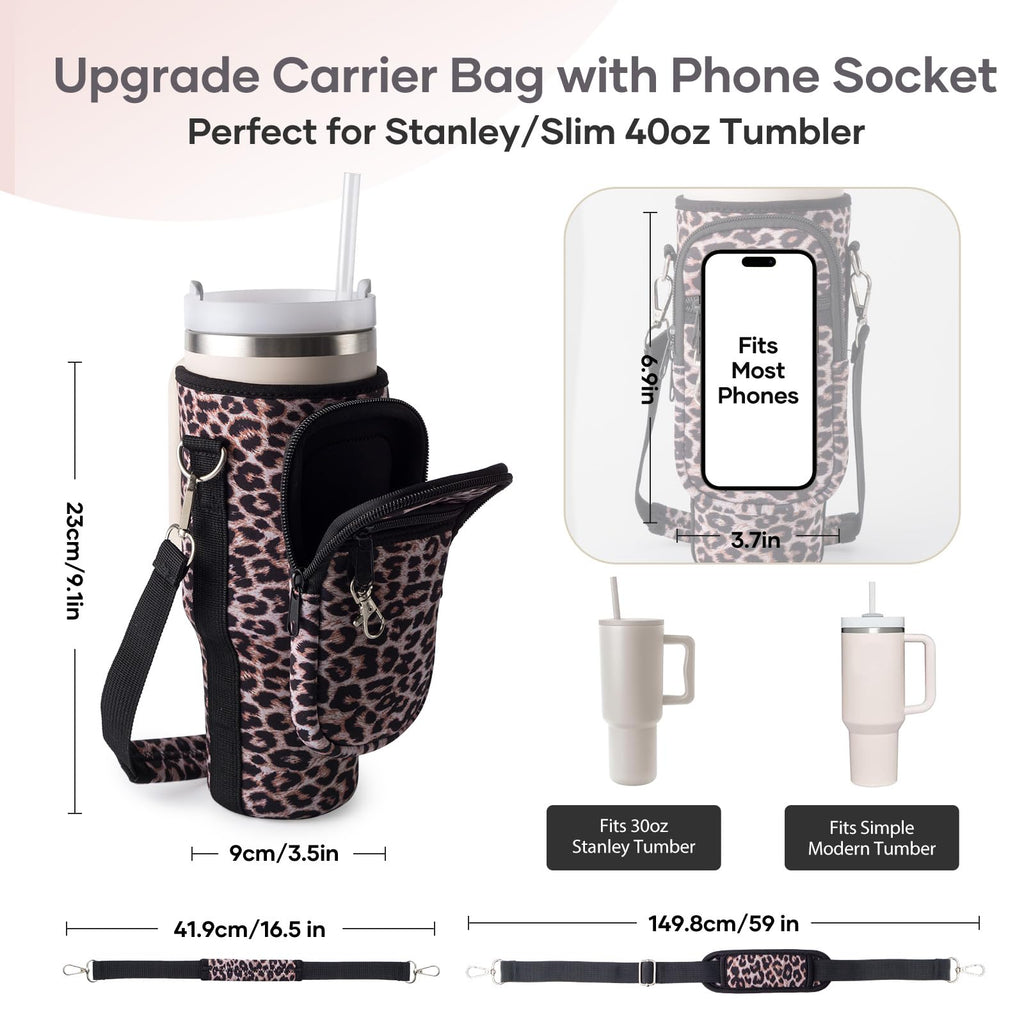 Water Bottle Carrier Bag With Phone Pocket For Stanley Cup 40/30Oz,Insulated Neoprene Water Bottle Holder Cross-Boday Bag With A