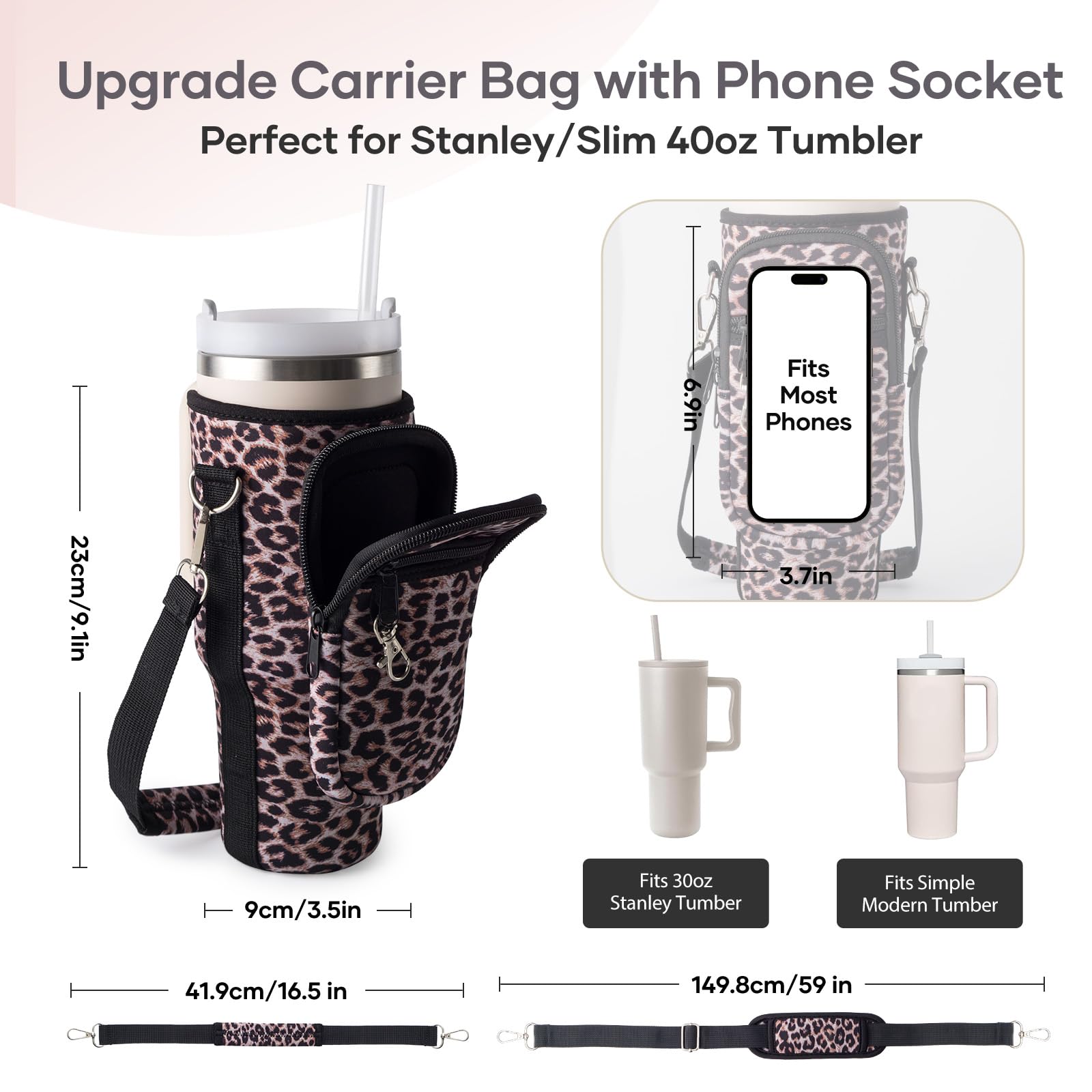 Water Bottle Carrier Bag With Phone Pocket For Stanley Cup 40/30Oz,Insulated Neoprene Water Bottle Holder Cross-Boday Bag With A