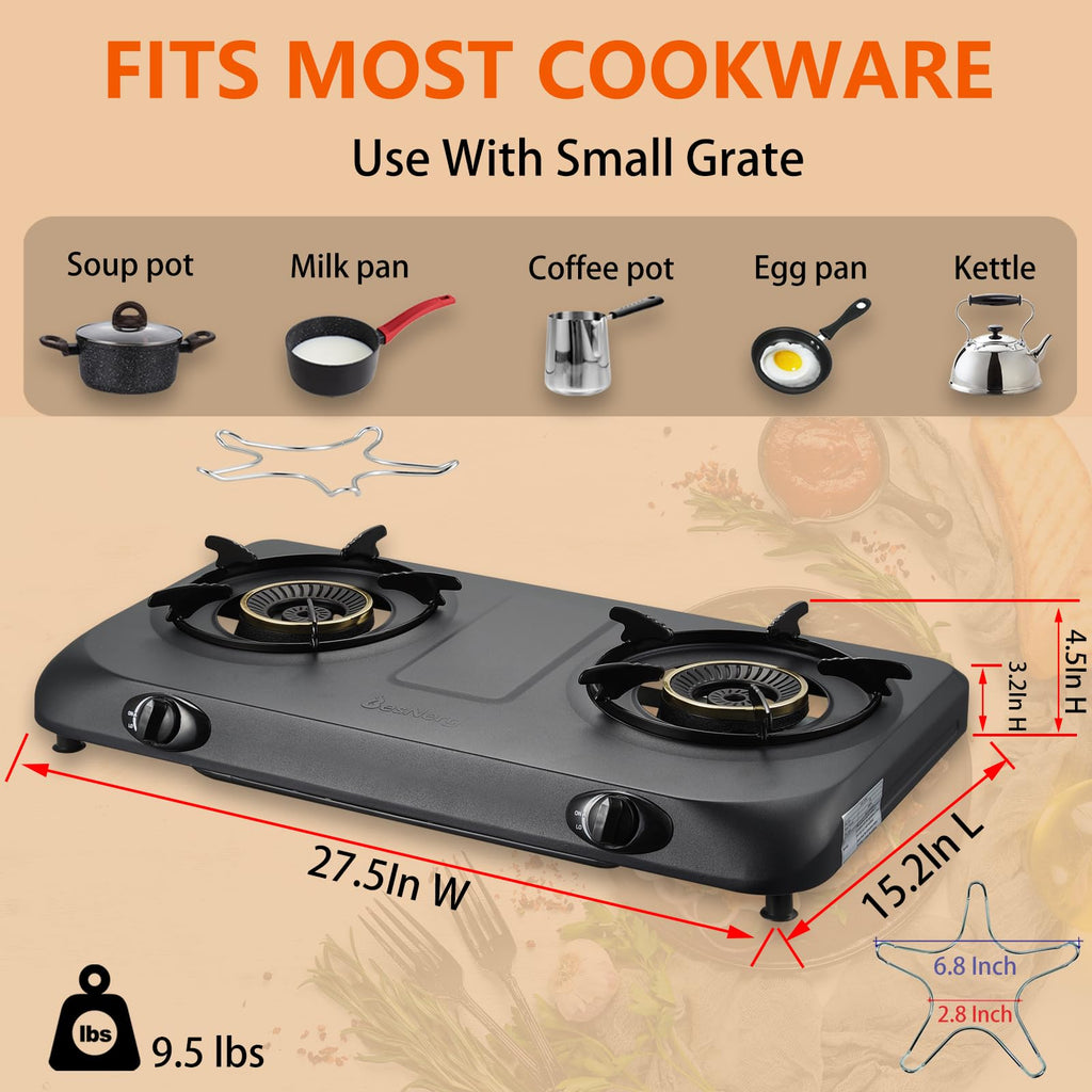 Besnerg Propane Stove 2 Burner Gas Stove Top, 27200 Btu High-Efficiency Lpg Metal Cooktop With Auto Ignition, Csa Regulator And