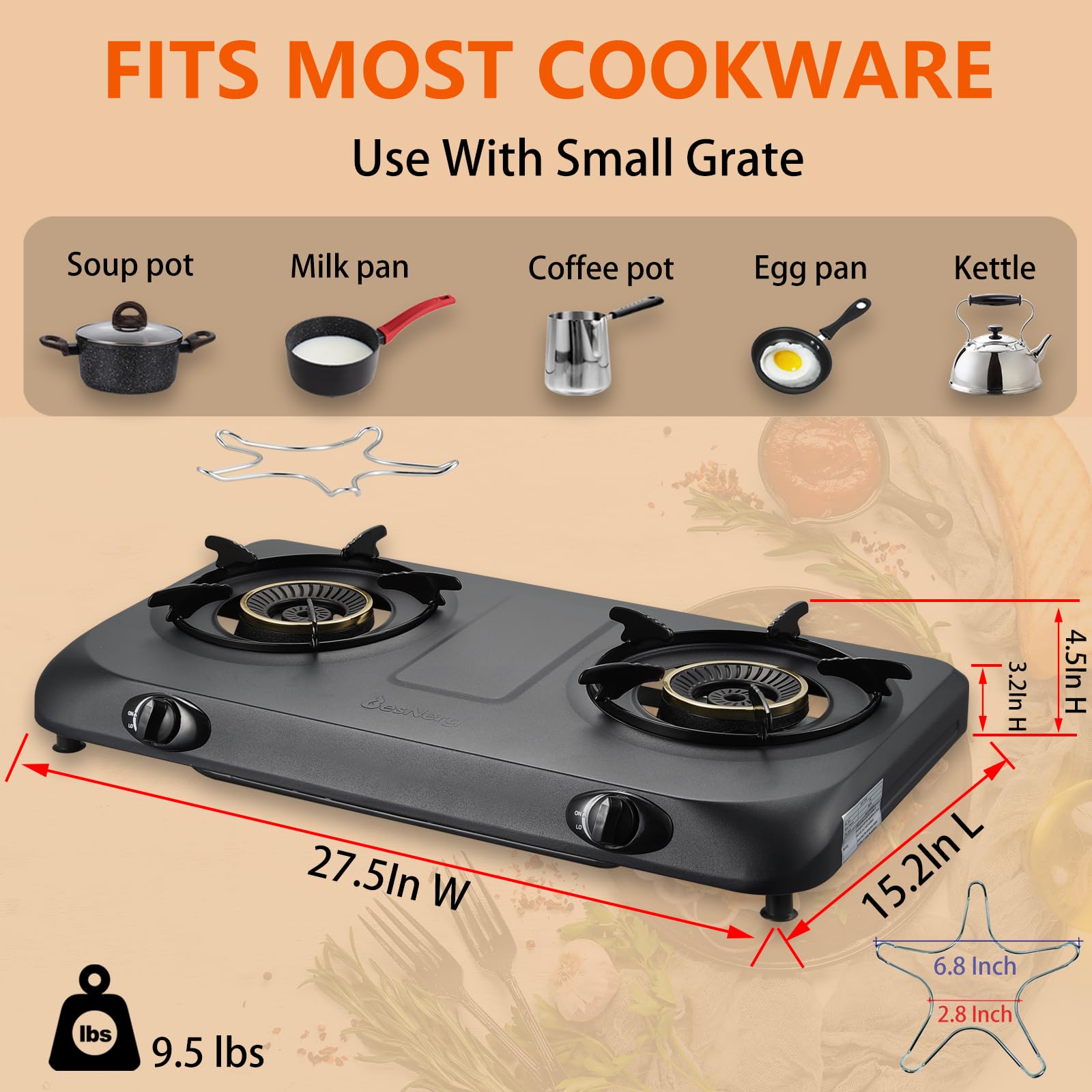 Besnerg Propane Stove 2 Burner Gas Stove Top, 27200 Btu High-Efficiency Lpg Metal Cooktop With Auto Ignition, Csa Regulator And