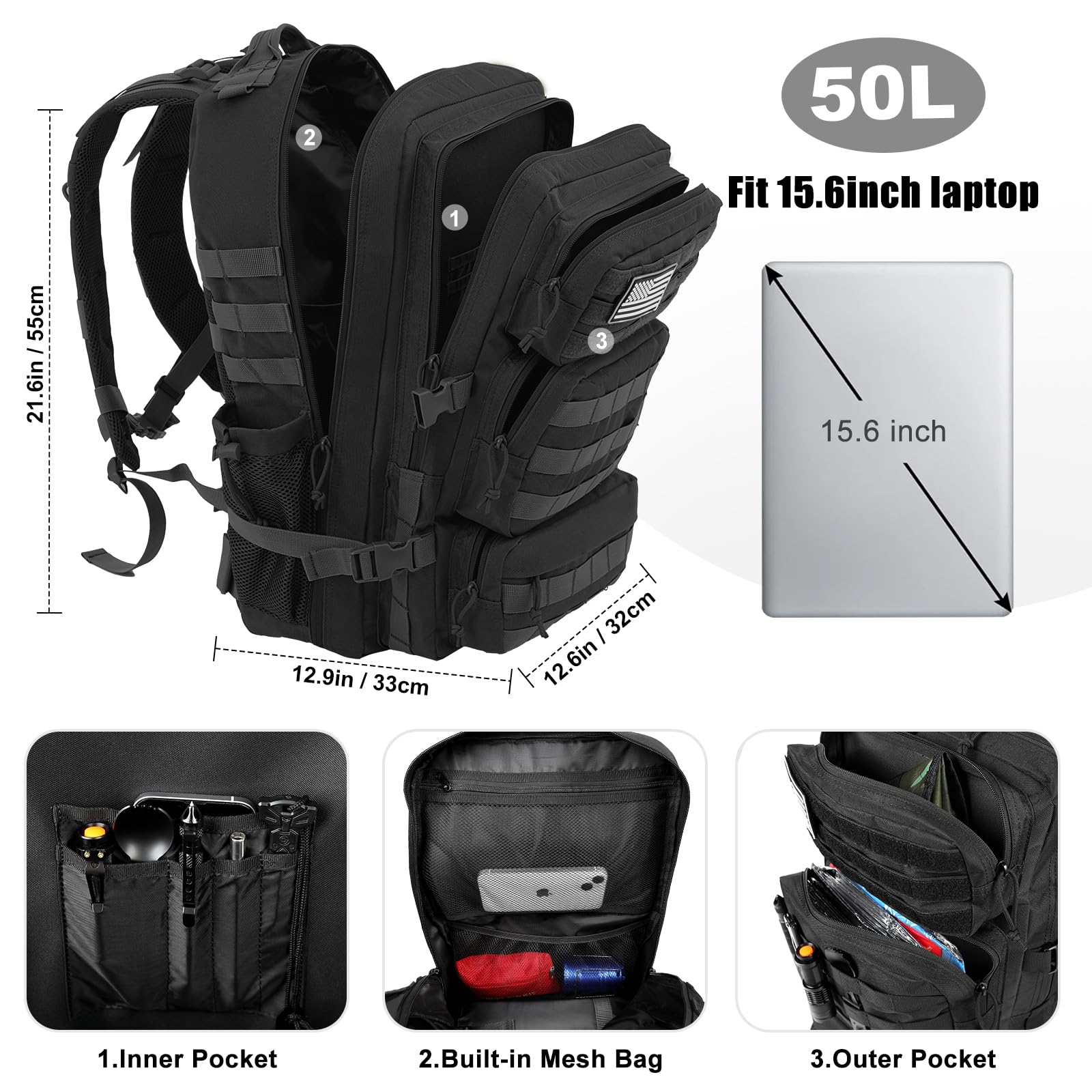 kookoomia 50L Military Tactical Backpack Large Day Backpack for Men Molle Army 3 Days Assault Pack Bug Out Bag Water Resistant a