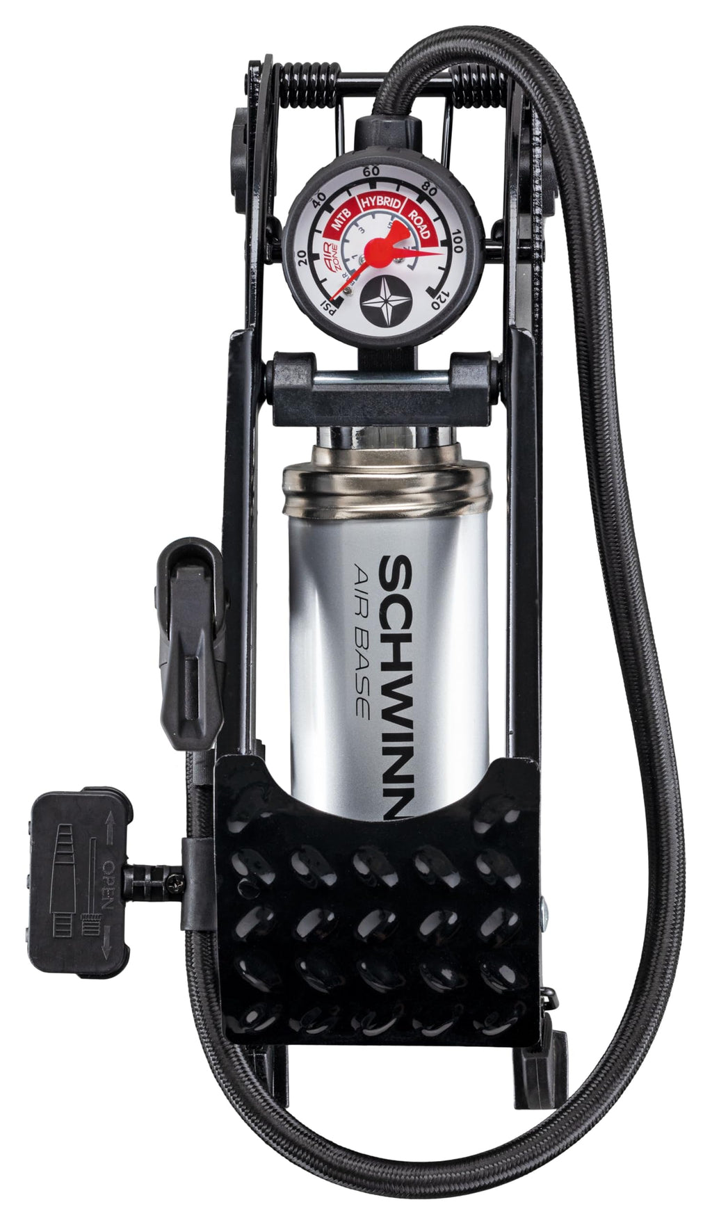 Schwinn Air Base Foot Pump, Air-Zoned Pressure Gauge, High Pressure Foot Pump, Dual Head Nozzle Fits Both Schrader And Presta, U