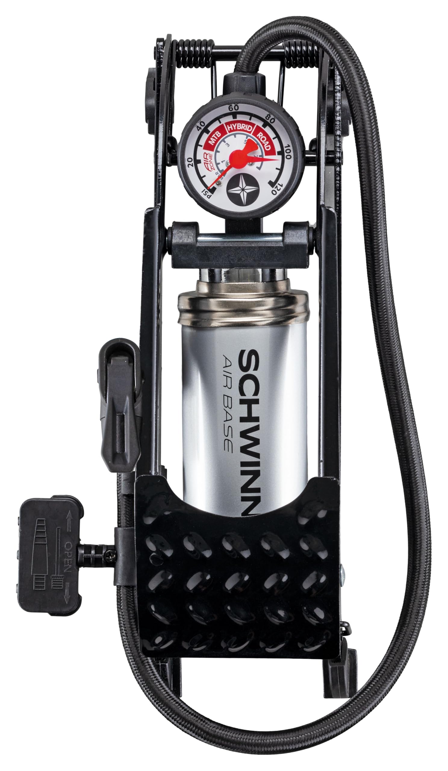 Schwinn Air Base Foot Pump, Air-Zoned Pressure Gauge, High Pressure Foot Pump, Dual Head Nozzle Fits Both Schrader And Presta, U