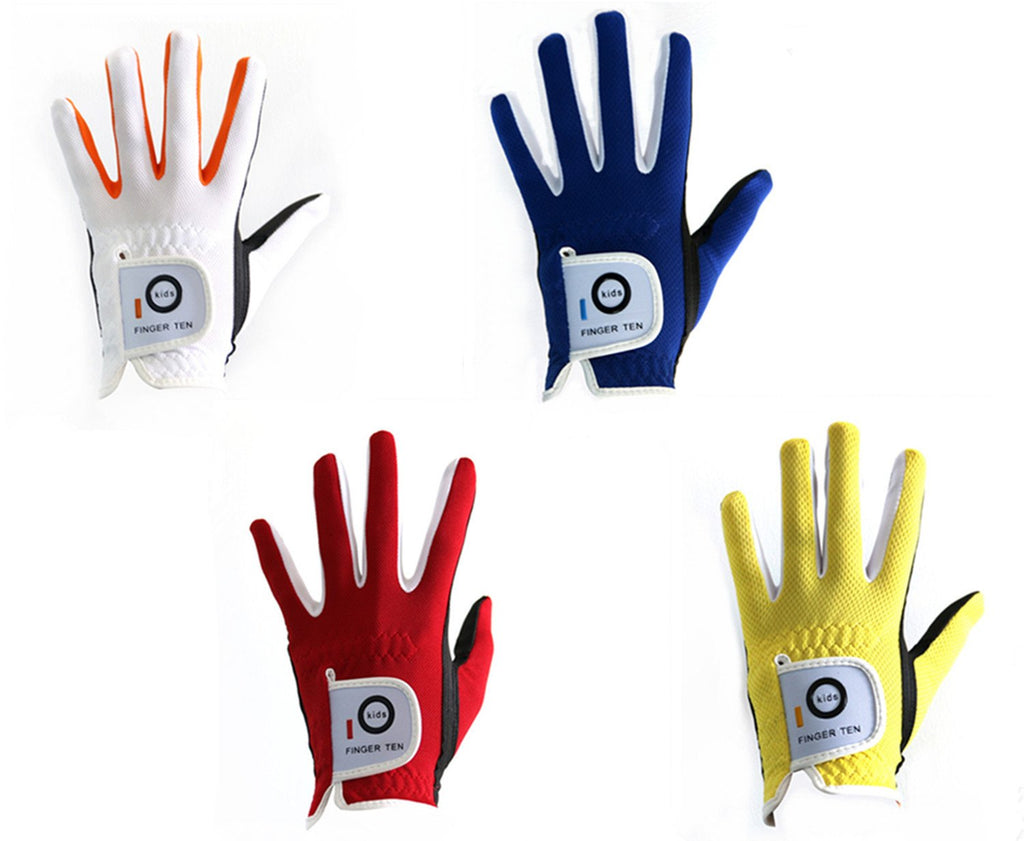 Finger Ten Junior Kids Dura Feel White Blue Red Yellow Golf Gloves Extra Value 2 Pack (Large Red, Left)