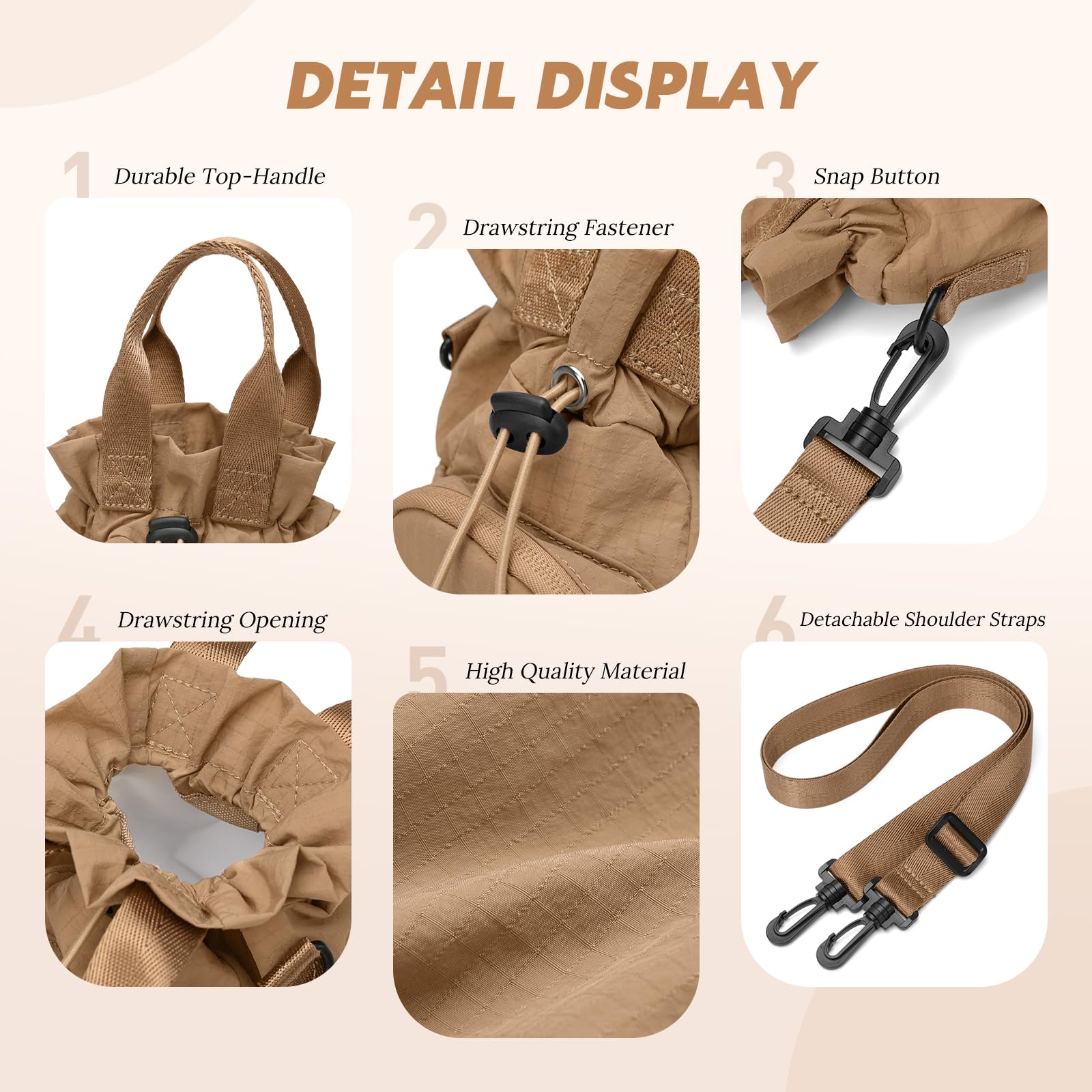 GOLF QUALITY Large Water Bottle Bag for 32/40/42//64oz Water Bottle,Casual Drawstring Crossbody Water Cup Bag,Brown