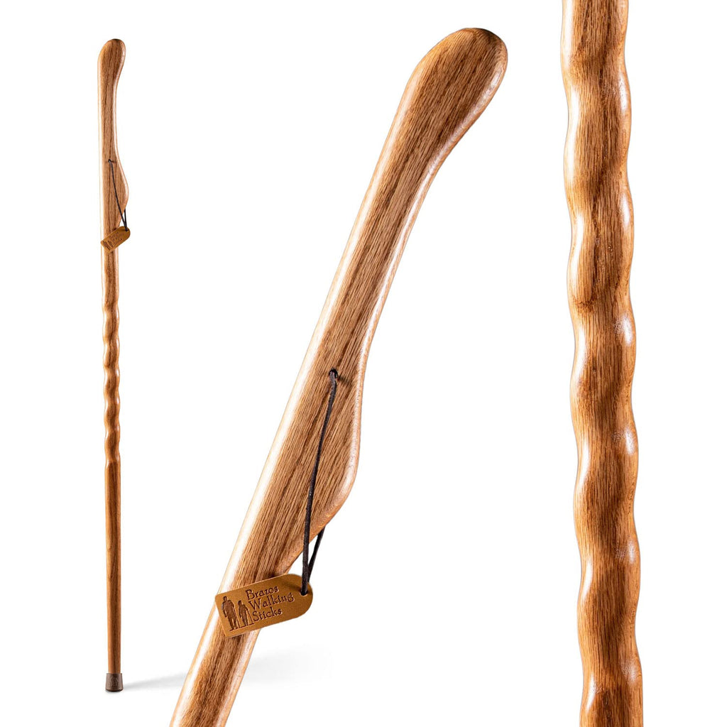 Brazos Handcrafted Wood Walking Stick, Twisted Oak, Hitchhiker Style Handle, For Men & Women, Made In The Usa, Tan, 58''