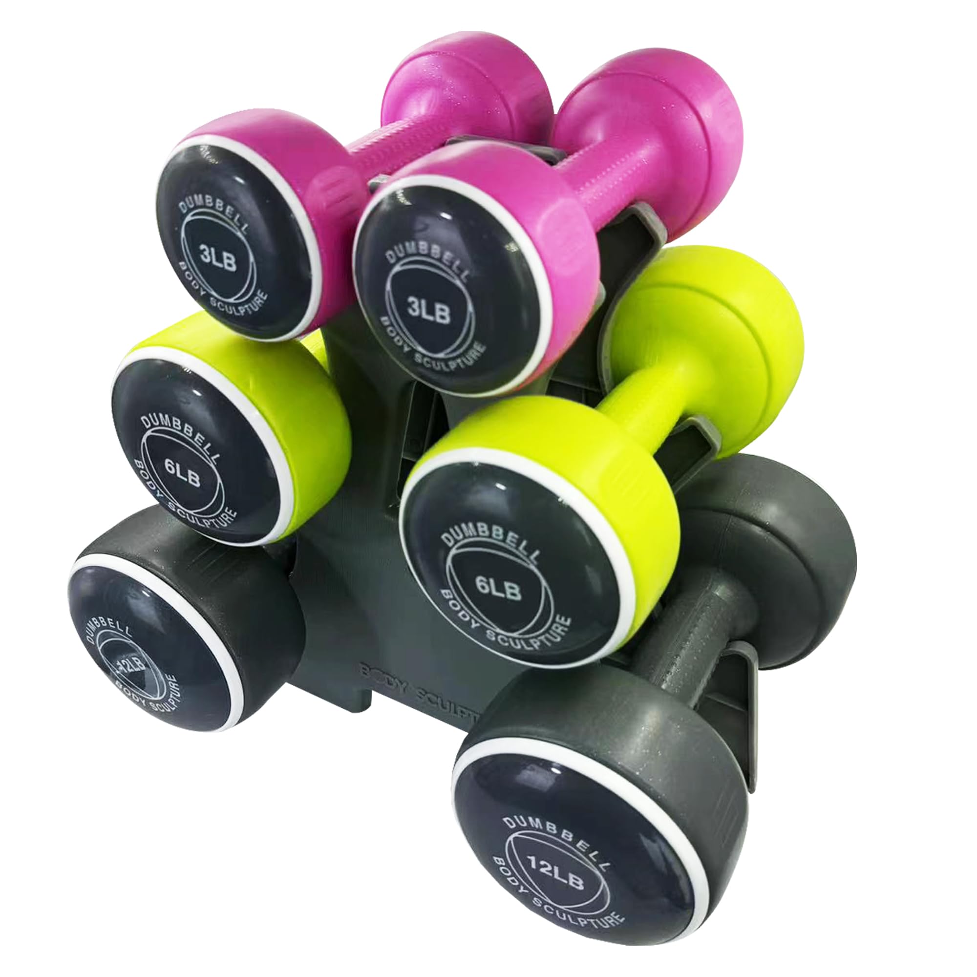 Body Sculpture hand weights set Free-Weight Dumbbell Set with Rack Set includes 3, 6 and 12 lb weights ideal for men and women f