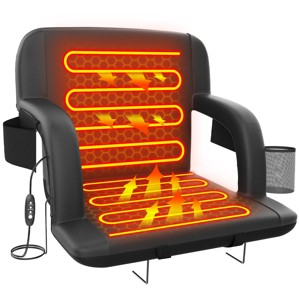 Suteck Dual-Side Heated Stadium Seat With Back Support, 23 Wide Cushion, Foldable Bleacher Chair W/Usb 3-Level Heating, 5 Storag