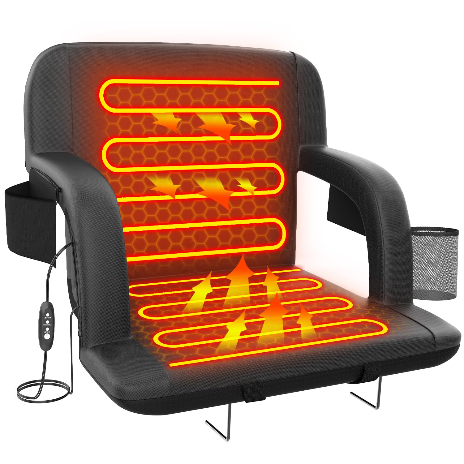 Suteck Dual-Side Heated Stadium Seat With Back Support, 21 Wide Cushion, Foldable Bleacher Chair W/Usb 3-Level Heating, 5 Storag