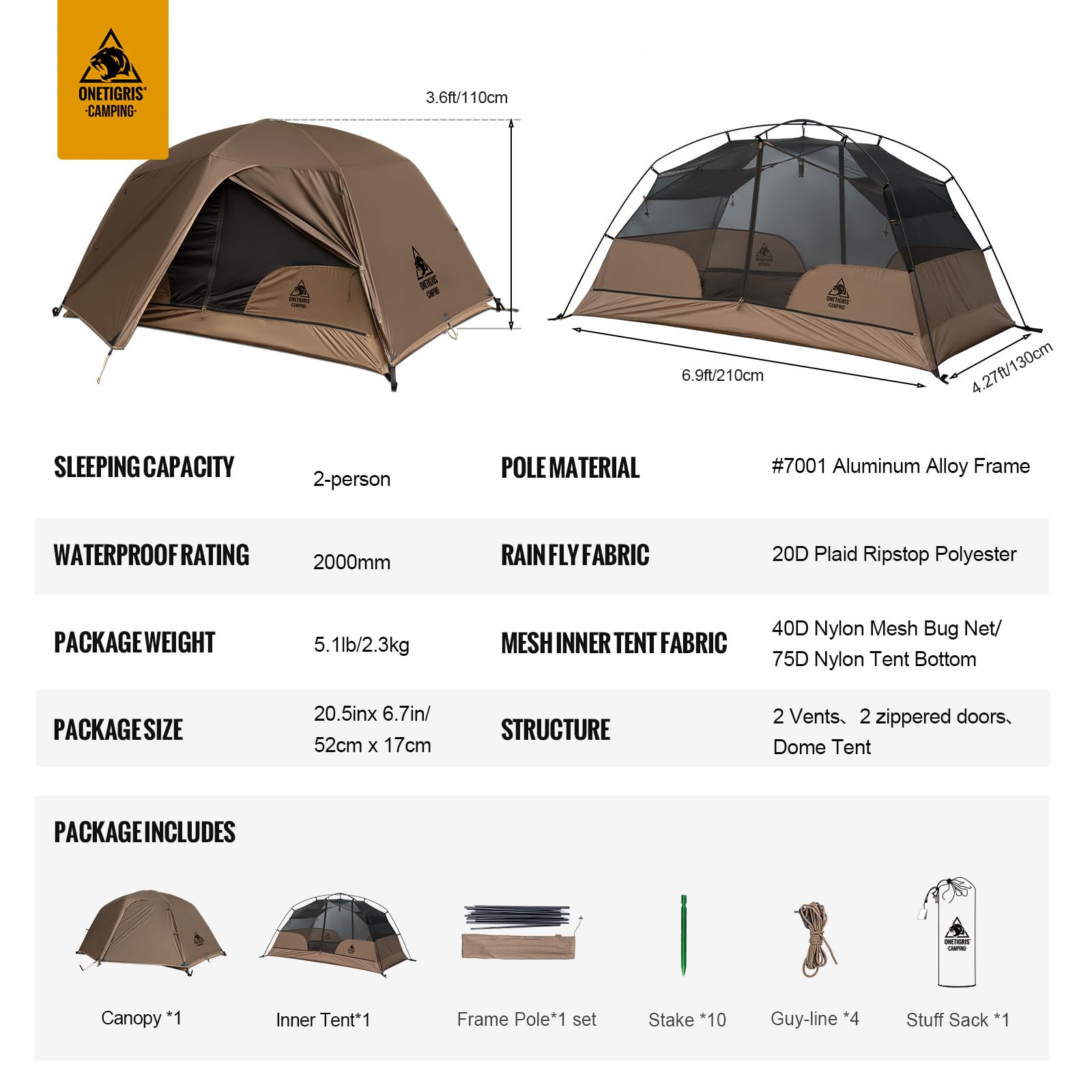 Onetigris Cosmitto 2 Person Backpacking Tent Shelter- Free Standing Lightweight Waterproof 3 Season Camping Tent For Outdoor Hik