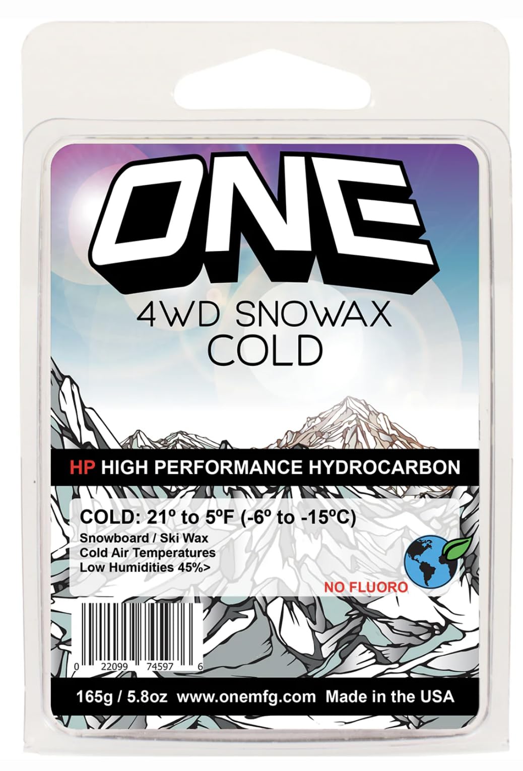 One Mfg 4Wd Snowboard & Ski Wax, 65G Bar, Oneball Wax For Cold Snow, 21F To 5F (-6C To -15C), Tropical Scent, No Fluoro