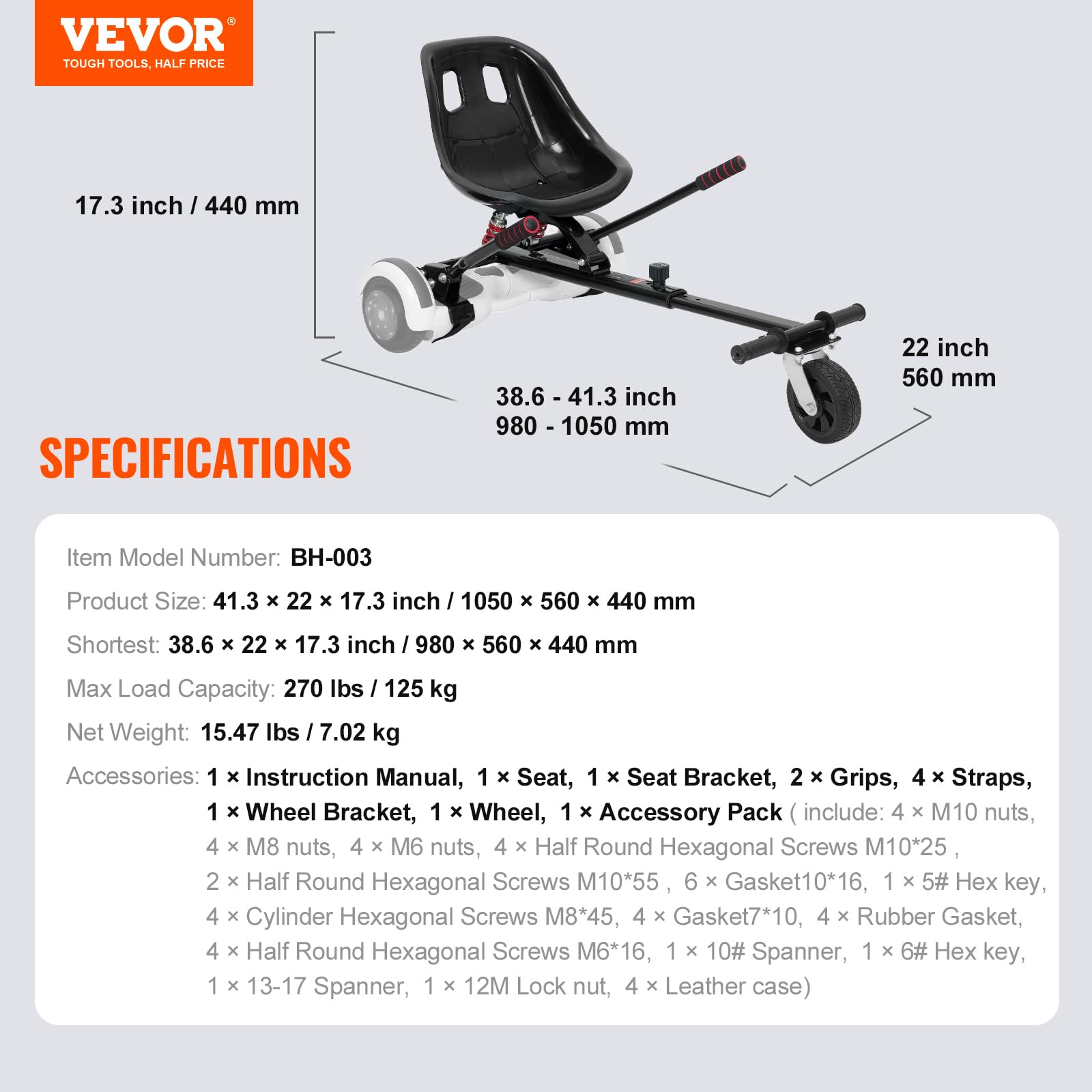Vevor Hoverboard Seat Attachment, For 6.5 8 8.5 10 Hoverboards, Dual Shock Absorption System, Grips Control, Adjustable Length 2