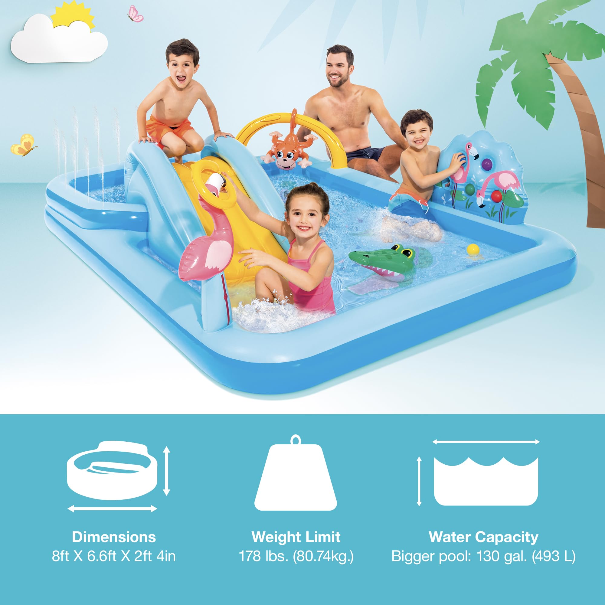 Intex 96 X 78 X 28 Ft Inflatable Jungle Adventure Play Center Spray Kiddie Pool & Small Plastic Multi-Colored Fun Ballz For Ball