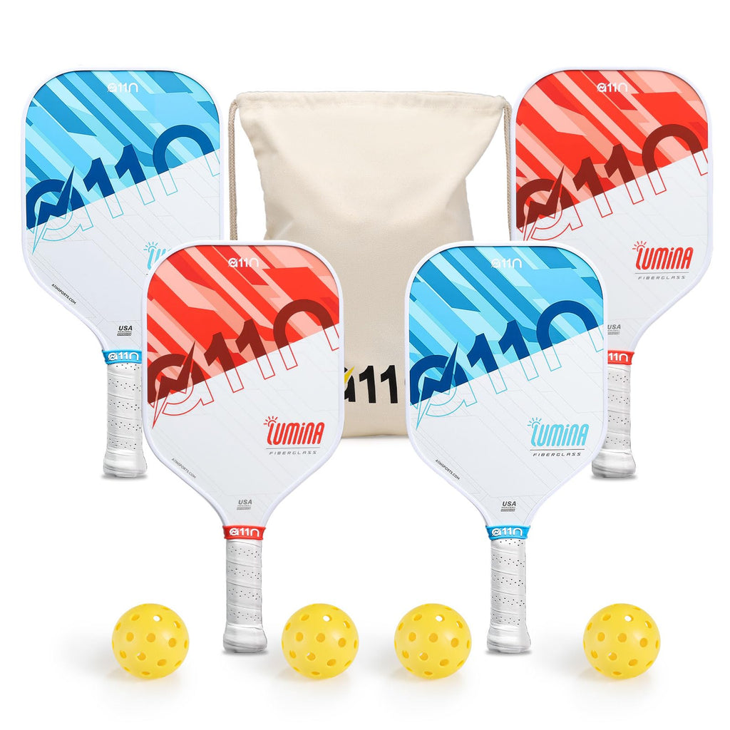 A11N Pickleball Paddles Set Of 4 Fiberglass Surface Rackets With 4 Balls And A Bag For Beginners - Usapa Approved, Red & Blue