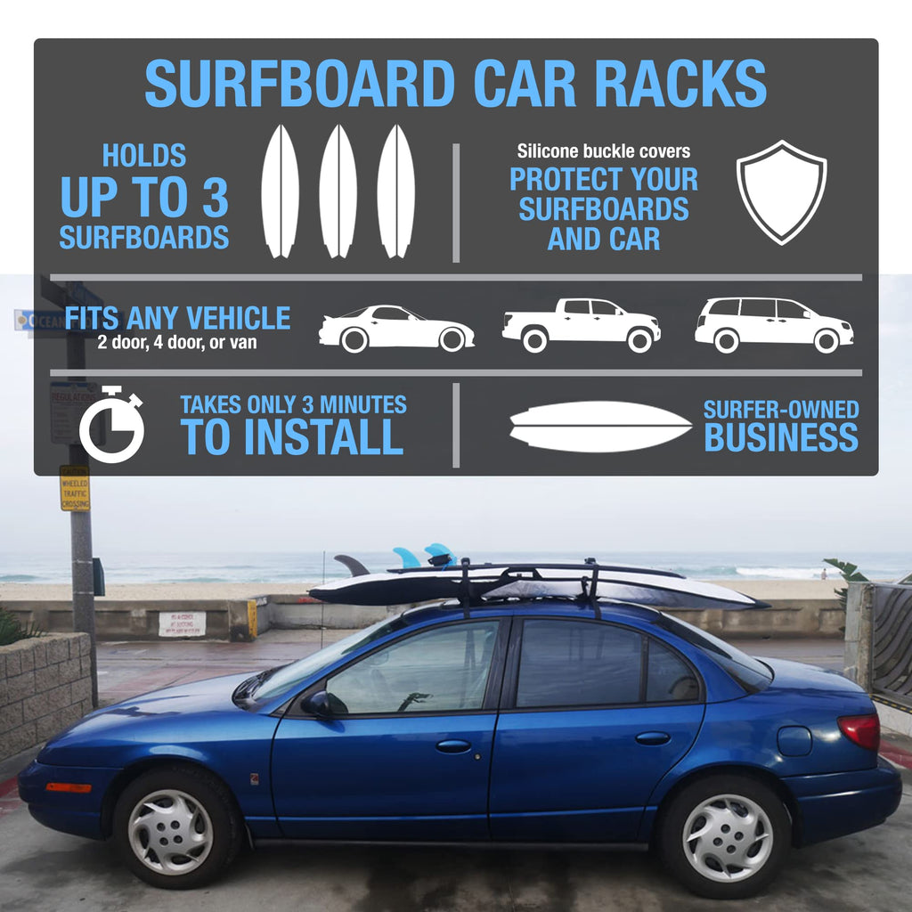 Ho Stevie! Surfboard Car Roof Rack Padded System (Holds Up To 3 Boards) With Silicone Buckle Covers
