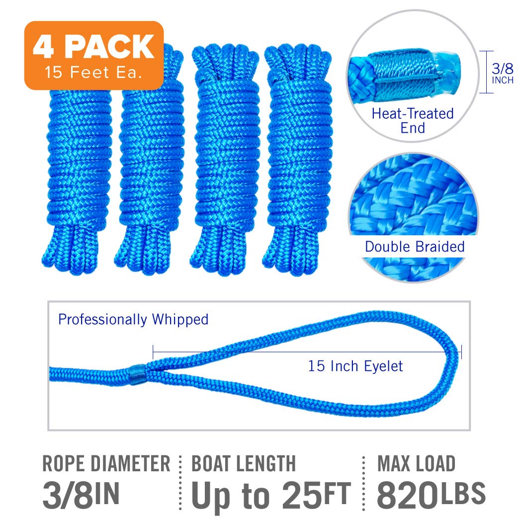 Dock Lines Boat Ropes For Docking 3/8'' Line Double Braided Mooring Marine Rope 15Ft Nylon Rope Boat Dock Line For Docking Ropes