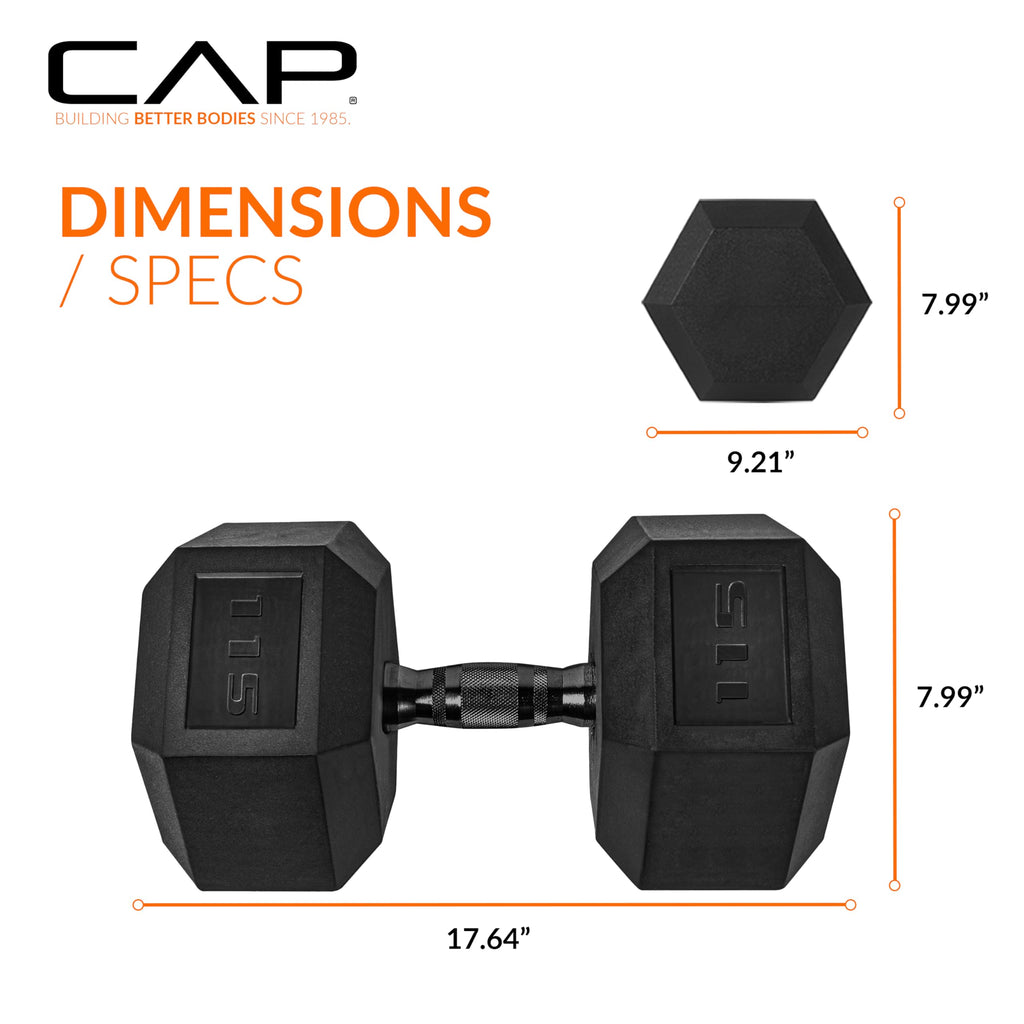 CAP Barbell 115 LB Rubber Coated Hex Dumbbell Hand Weight - Pair | Black Handle