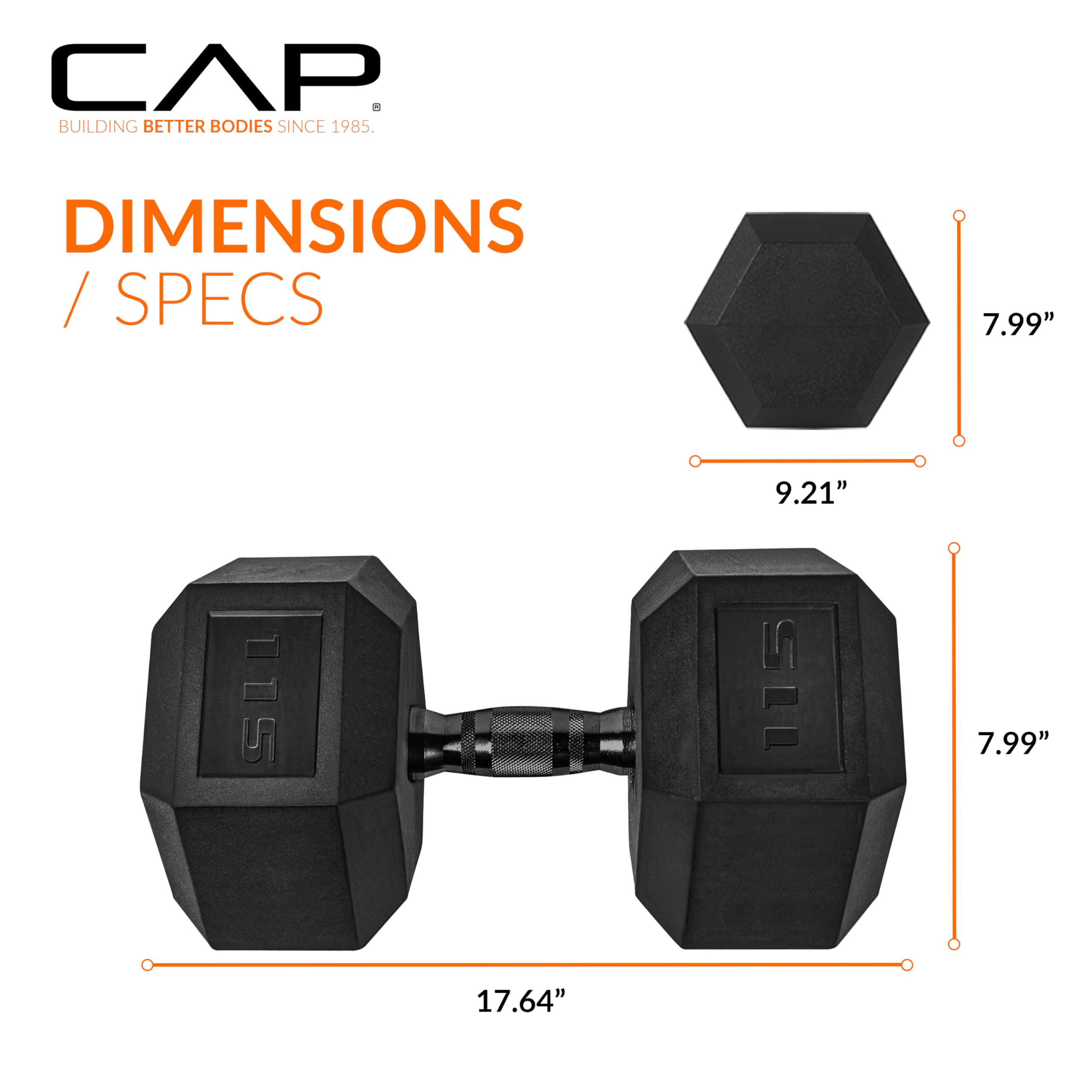 CAP Barbell 115 LB Rubber Coated Hex Dumbbell Hand Weight - Pair | Black Handle