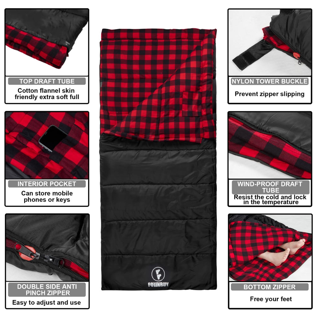 Forinbuy Cotton Flannel Sleeping Bag For Adults, Xl Cold Weather Sleeping Bags, 3-4 Season Waterproof Warm Envelope Sleeping Bag