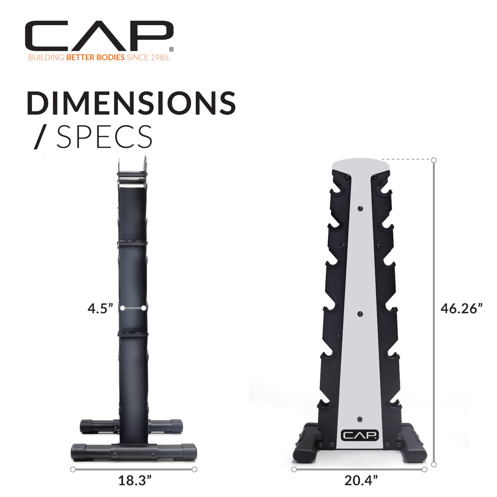 CAP Barbell 210 LB Rubber Coated Hex Dumbbell Hand Weight Set with Vertical Silver Rack | Chrome Handles