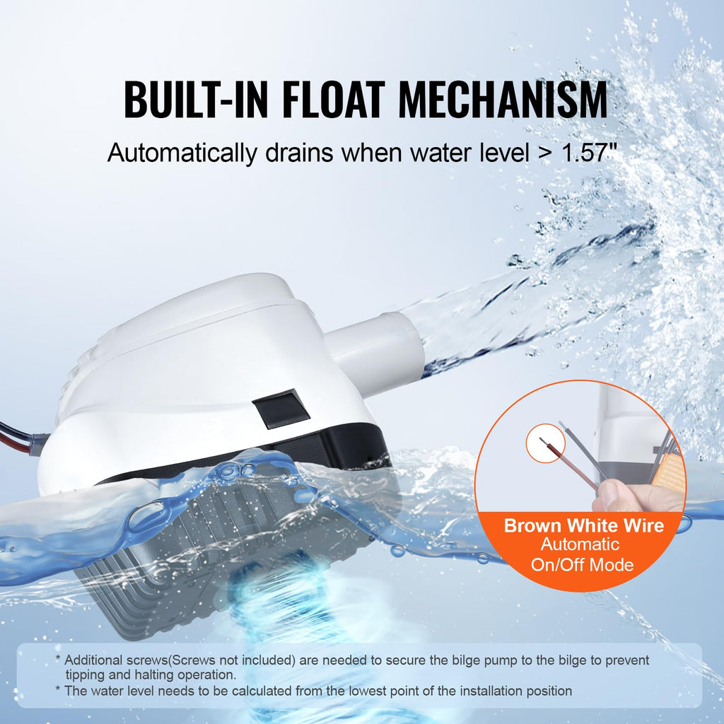 Vevor Bilge Pump, 1100Gph 12V Automatic Submersible Boat Bilge Water Pump With Float Switch, 1.1'' Outlet Diameter, Small Boat B