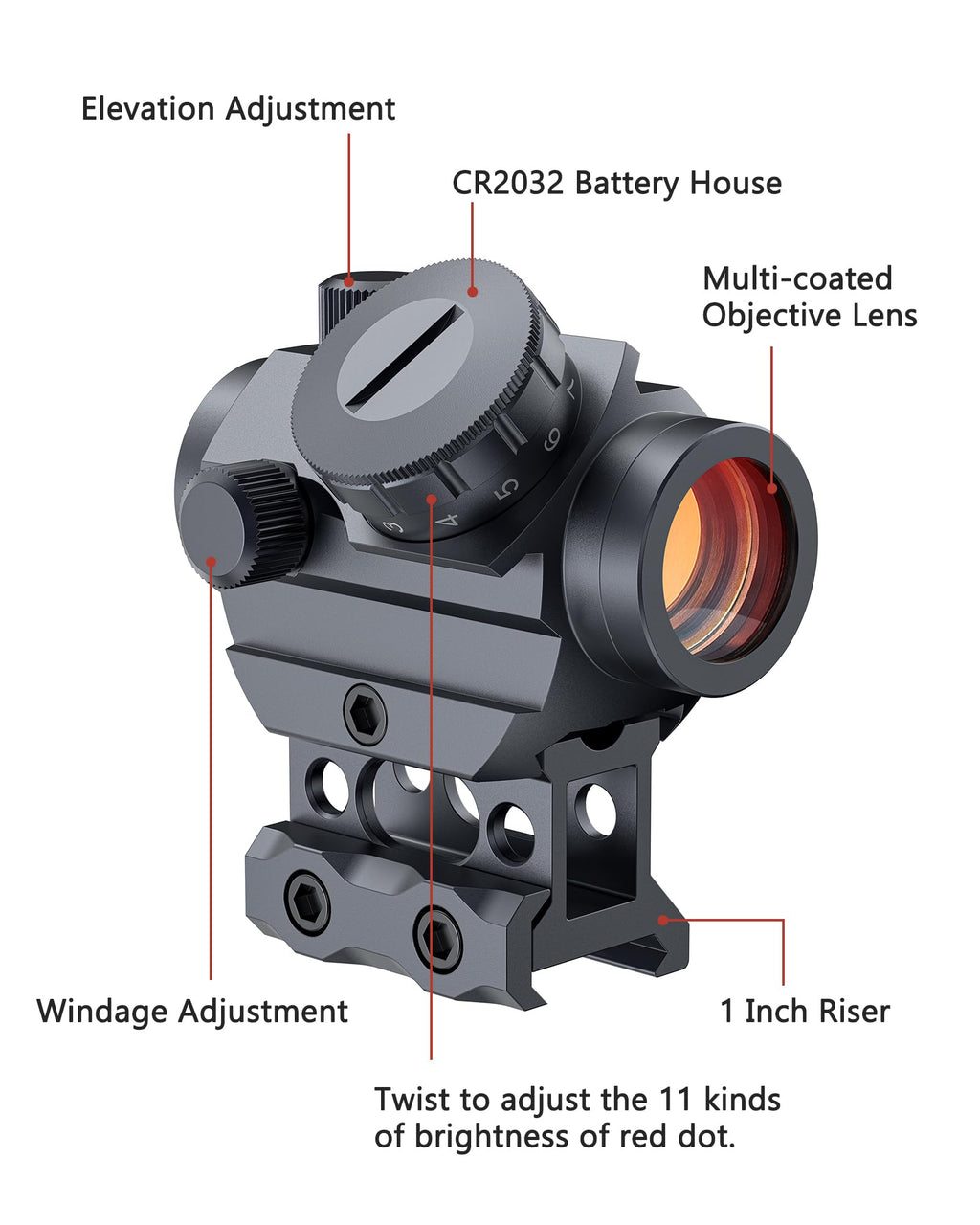 MidTen 2MOA Red Dot Sight, 1x25mm Reflex Sight Waterproof & Shockproof & Fog-Proof Red Dot Scope with 1 inch Riser Mount, Grey