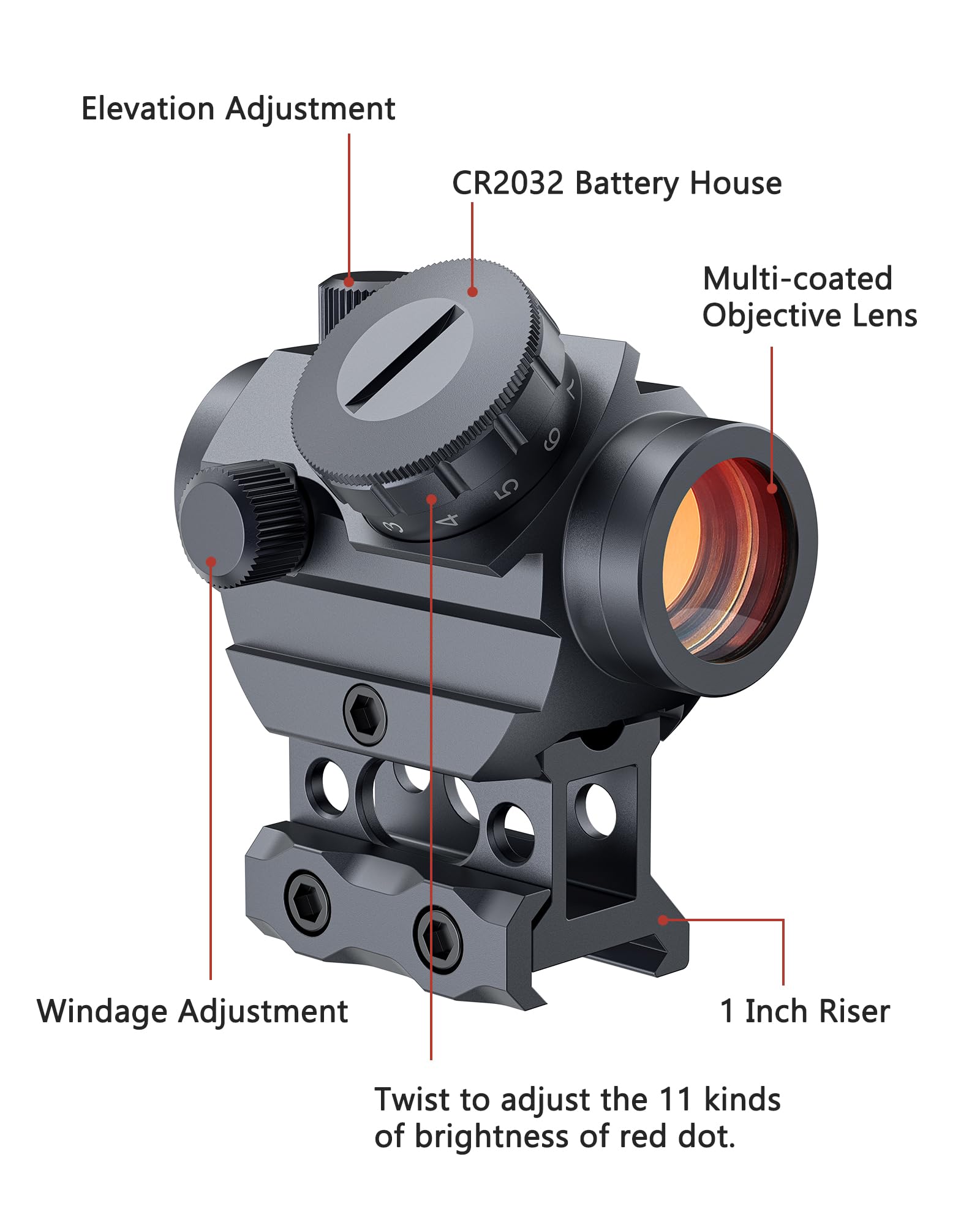 MidTen 2MOA Red Dot Sight, 1x25mm Reflex Sight Waterproof & Shockproof & Fog-Proof Red Dot Scope with 1 inch Riser Mount, Grey