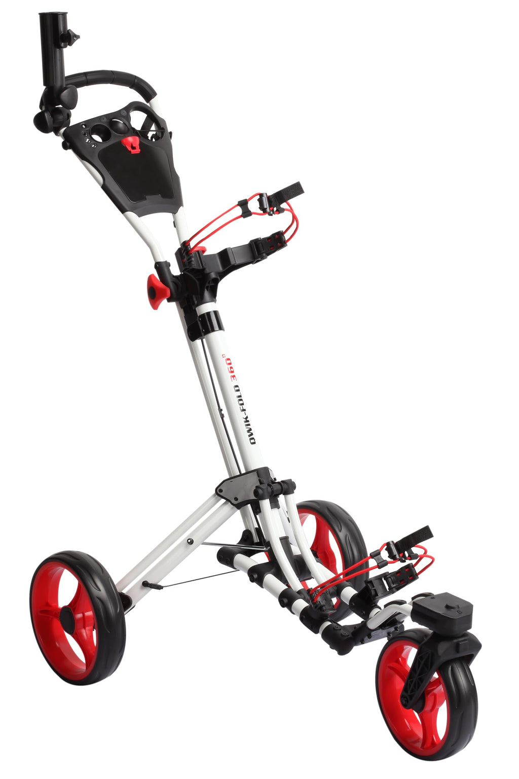 Qwik-Fold 360 Swivel 3 Wheel Push Pull Golf Cart - 360* Rotating Front Wheel - One Second To Open & Close! (White/Red)