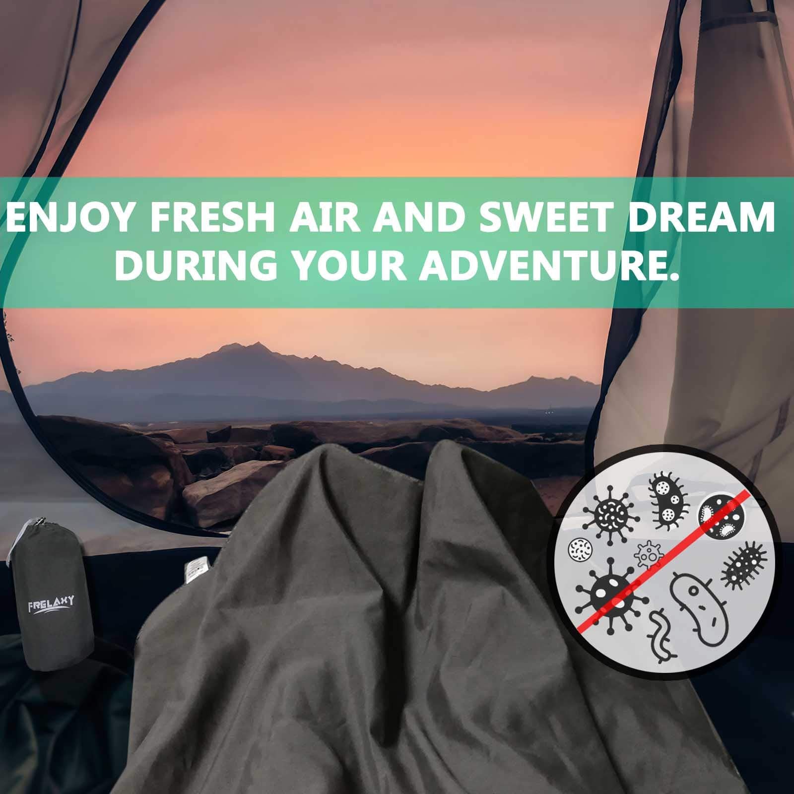 Frelaxy Sleeping Bag Liner, Warm Weather Ultralight Comfy & Easy Care Travel & Camping Sheet With Pillow Pocket, 4 Seasons Cold,
