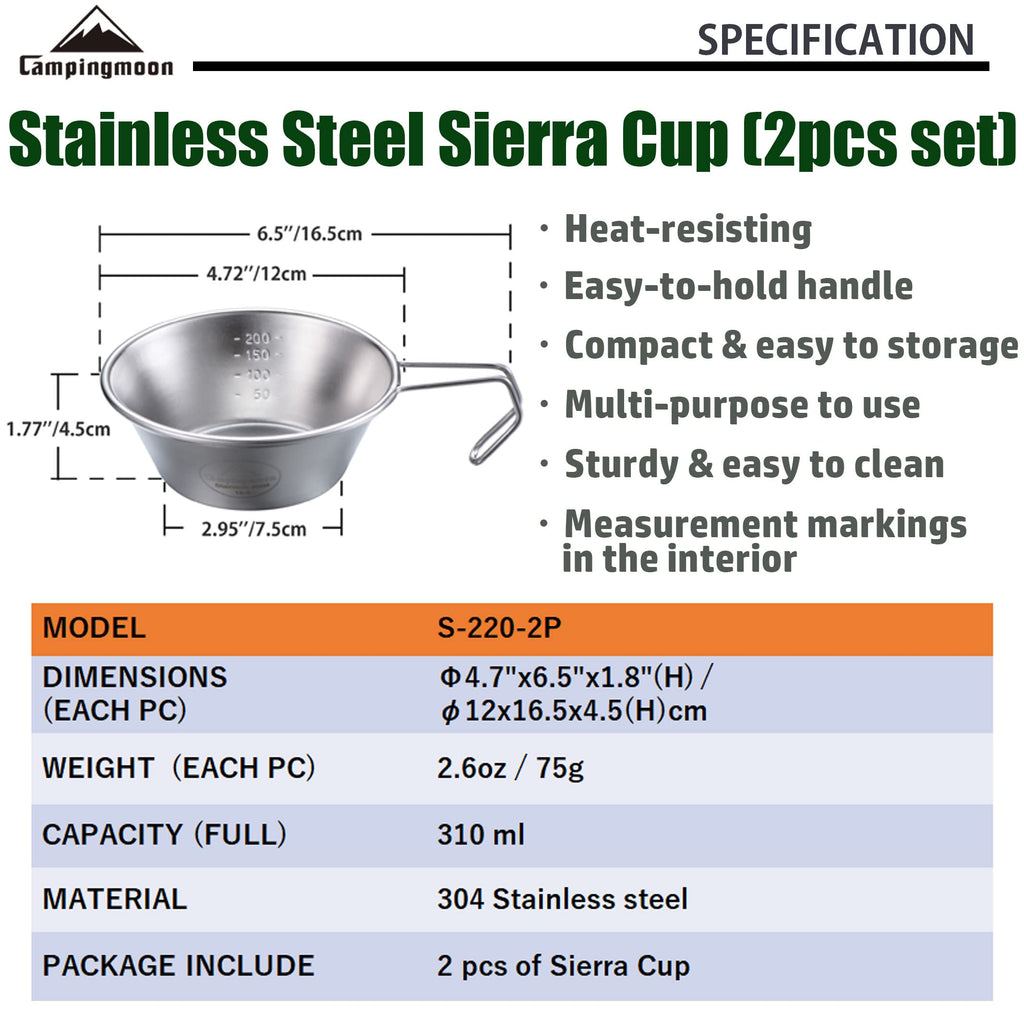 Campingmoon 2Pcs Set Stainless Steel Camping Sierra Cup 310Ml S-220-2P (2Pcs Set)